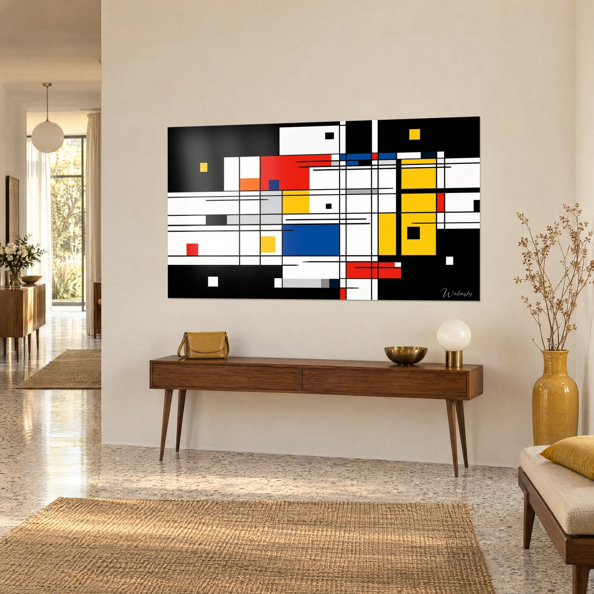 Tableau mosaïque de rectangles jaunes et blancs cernés de traits noirs, vue de trois quarts, sur une console en bois