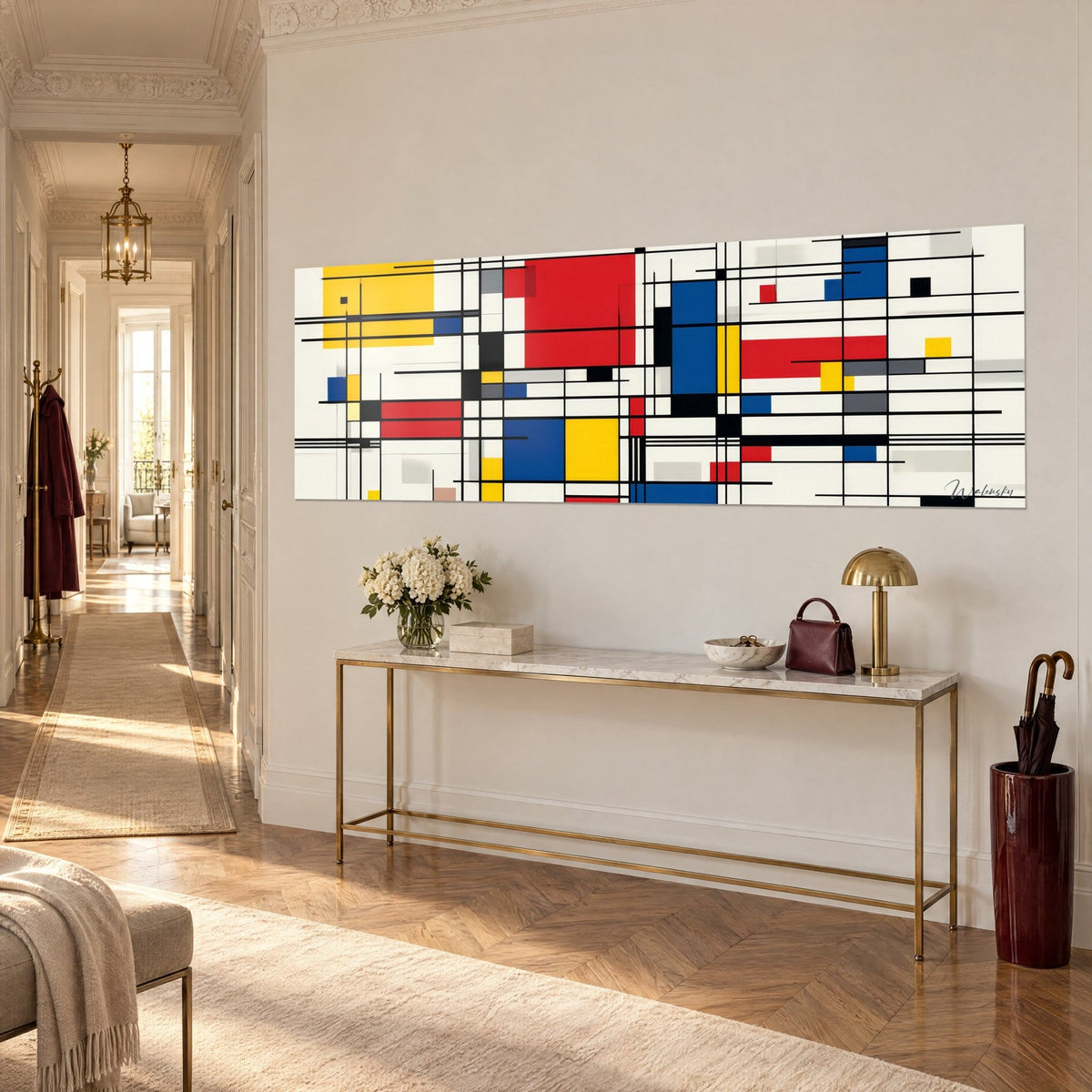 Wall art panoramic neoplastic piece, cobalt and sunshine yellow blocks on ivory background, gilded console in a Haussmann-style hallway