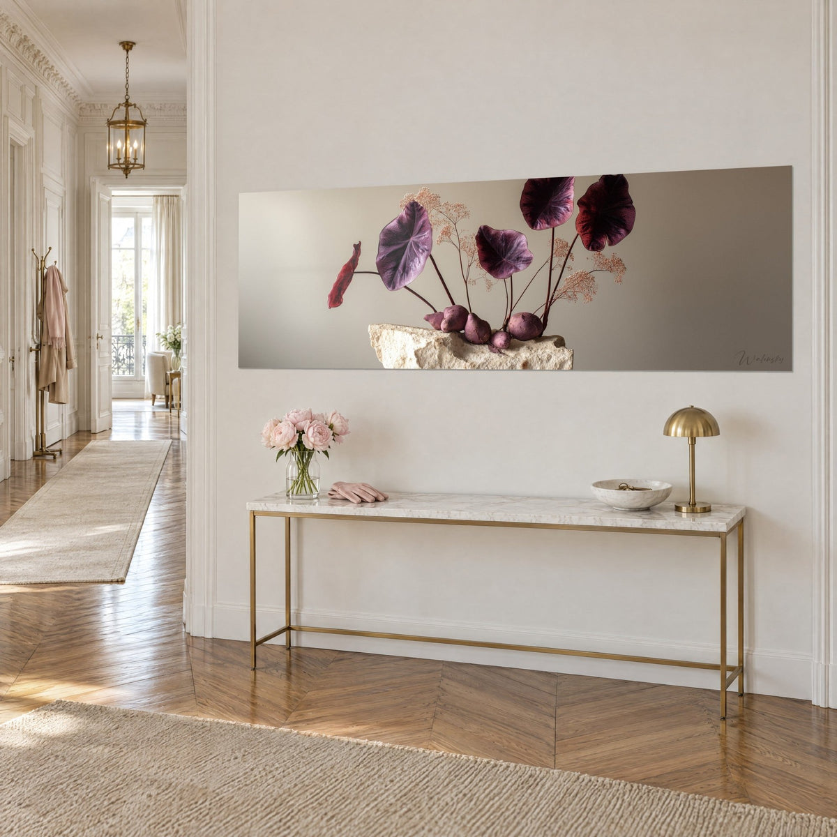 Panoramic wall art of purple and bronze leaves, garnet stems and dried pink flowers, above a golden Haussmann console