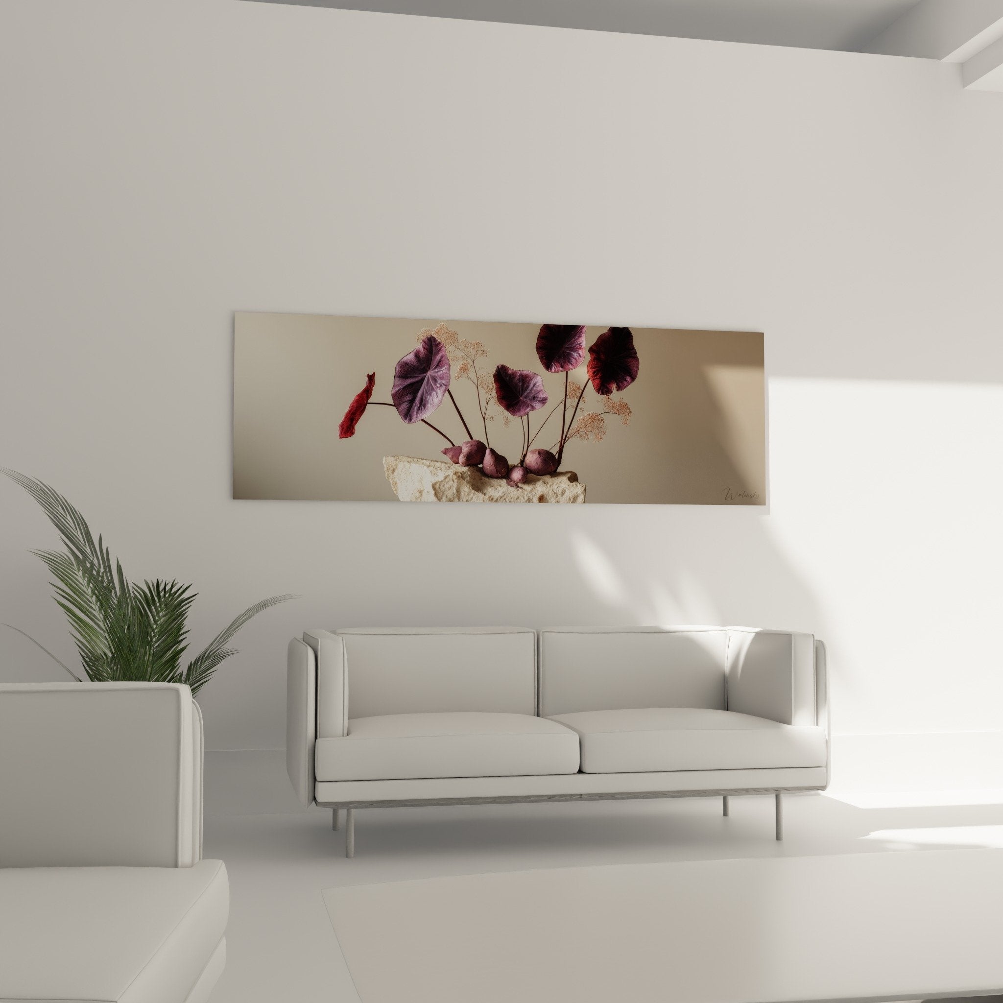 Gros plan composition florale Ikebana violette et bronze sur pierre, details des textures vegetales