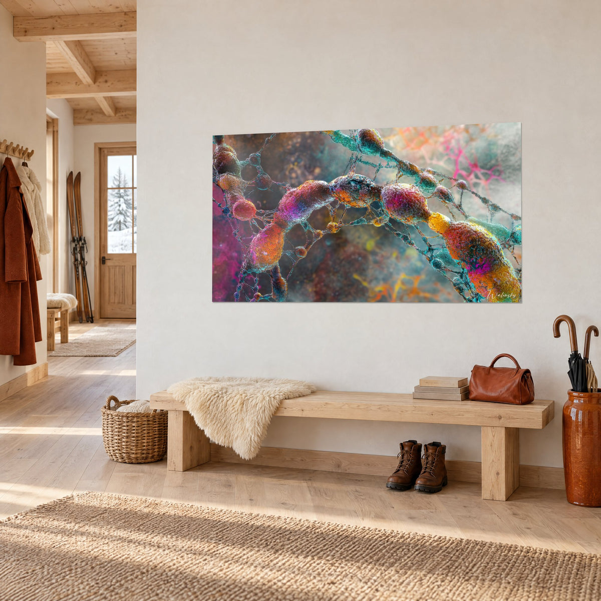 Tableau chaîne moléculaire scintillante, bulbes magenta et ambre sur fond rose et bleu, entrée de chalet en bois clair