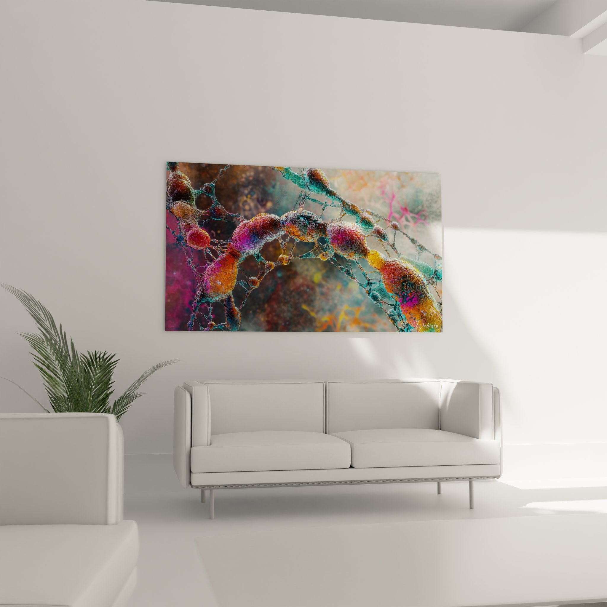 Gros plan détaillé des connexions moléculaires colorées du tableau structure ADN artistique