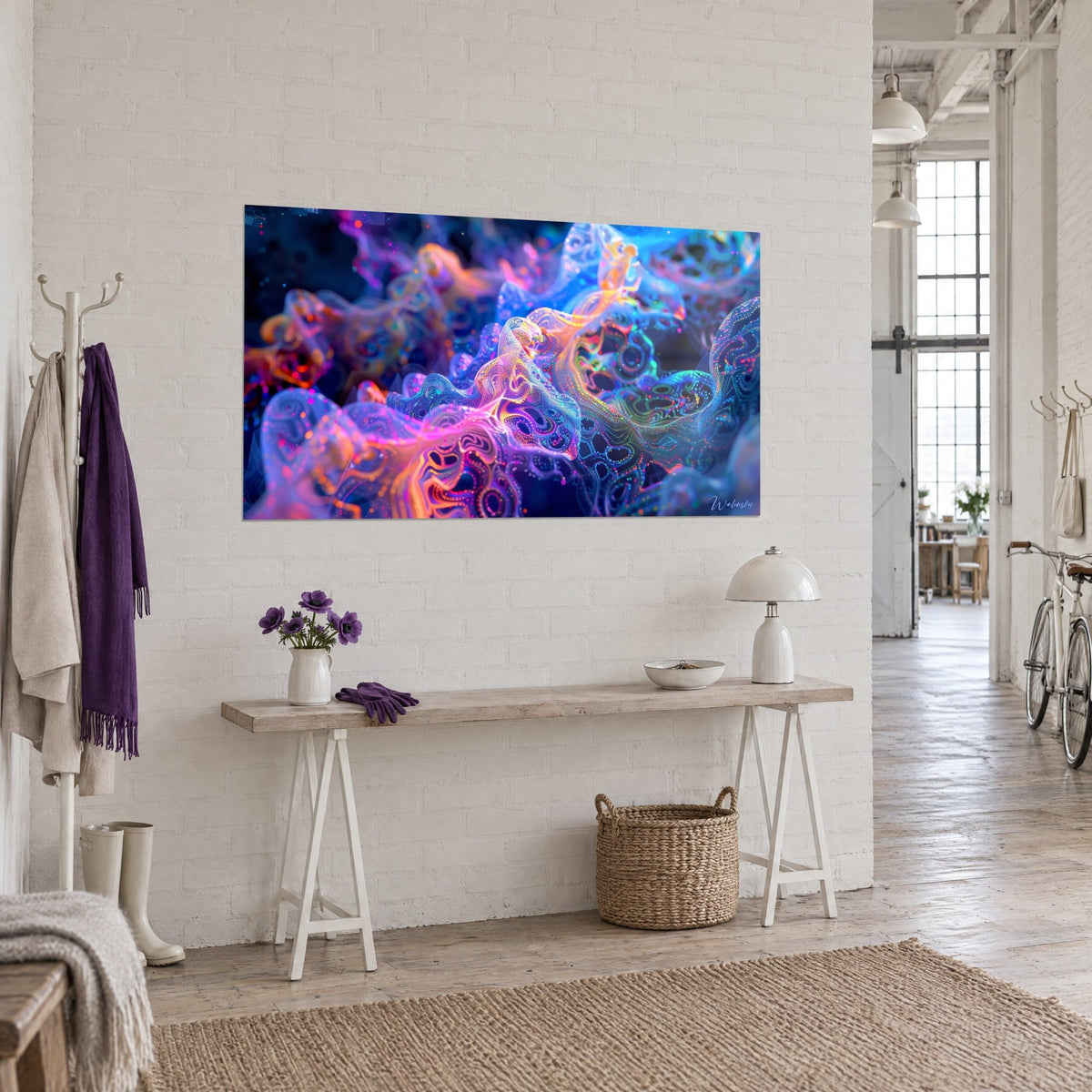 Wall art incandescent synapses in orange and violet filaments on a dark background, three-quarter view in an artist's loft