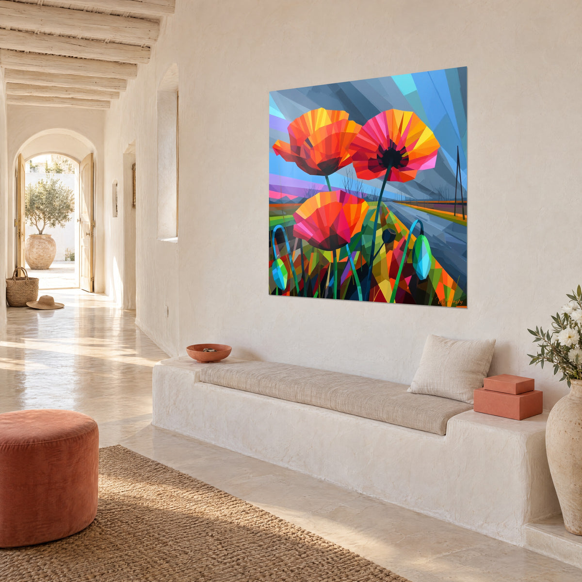 Schilderij met stralende klaprozenbloemen, oranje en fuchsia bloemblaadjes, grijze weg die in de verte verdwijnt, aan een witte gewelfde gangmuur