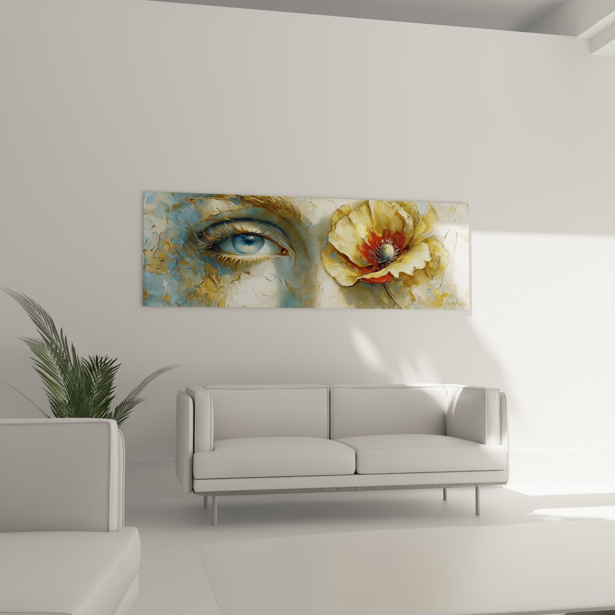 Detail peinture texturee coquelicot jaune petales dores coeur rouge vermillon technique empâtement relief matiere