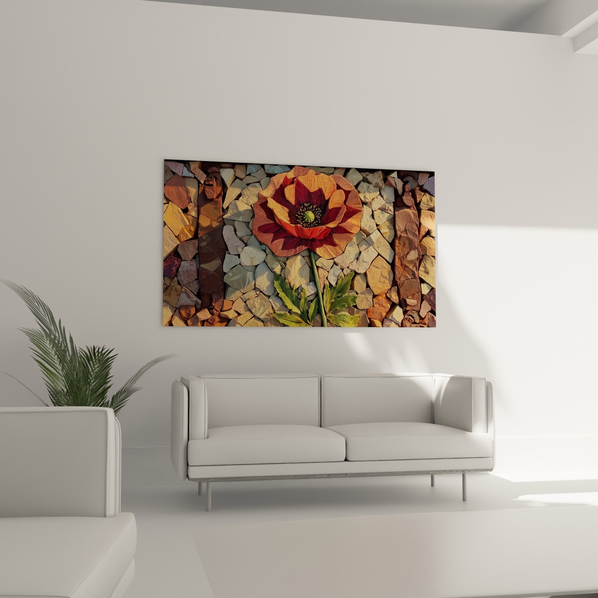 Détail rapproché fleur coquelicot orange rouge texture pétales mosaïque fragments pierre naturelle