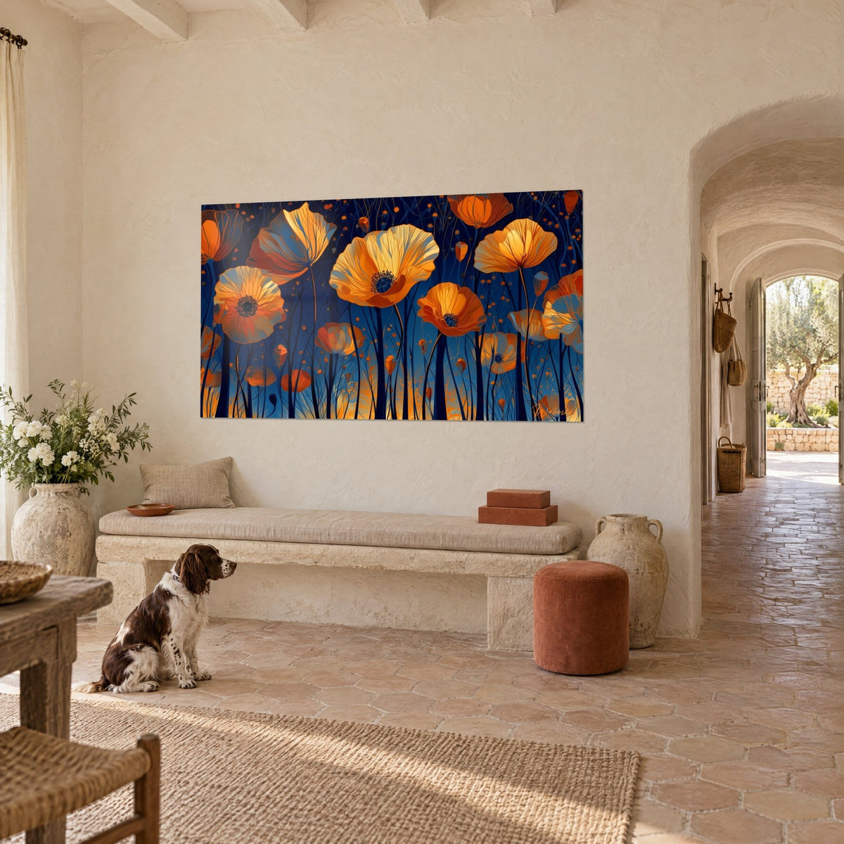Wall art with large amber and copper poppy blooms on indigo night, hung on the rendered wall of a farmhouse, seated spaniel, three-quarter view