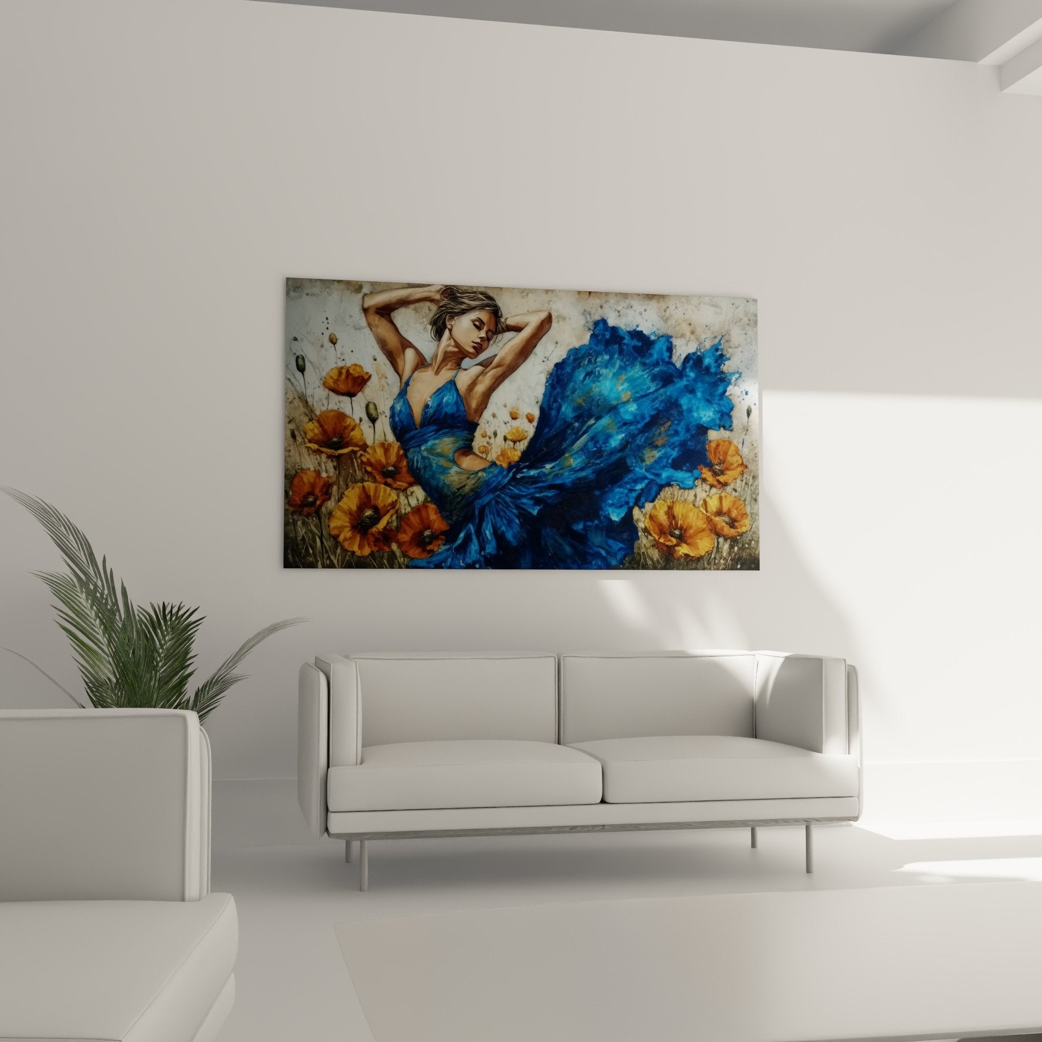 Dettaglio ravvicinato di papaveri arancioni e abito blu fluido con schizzi artistici