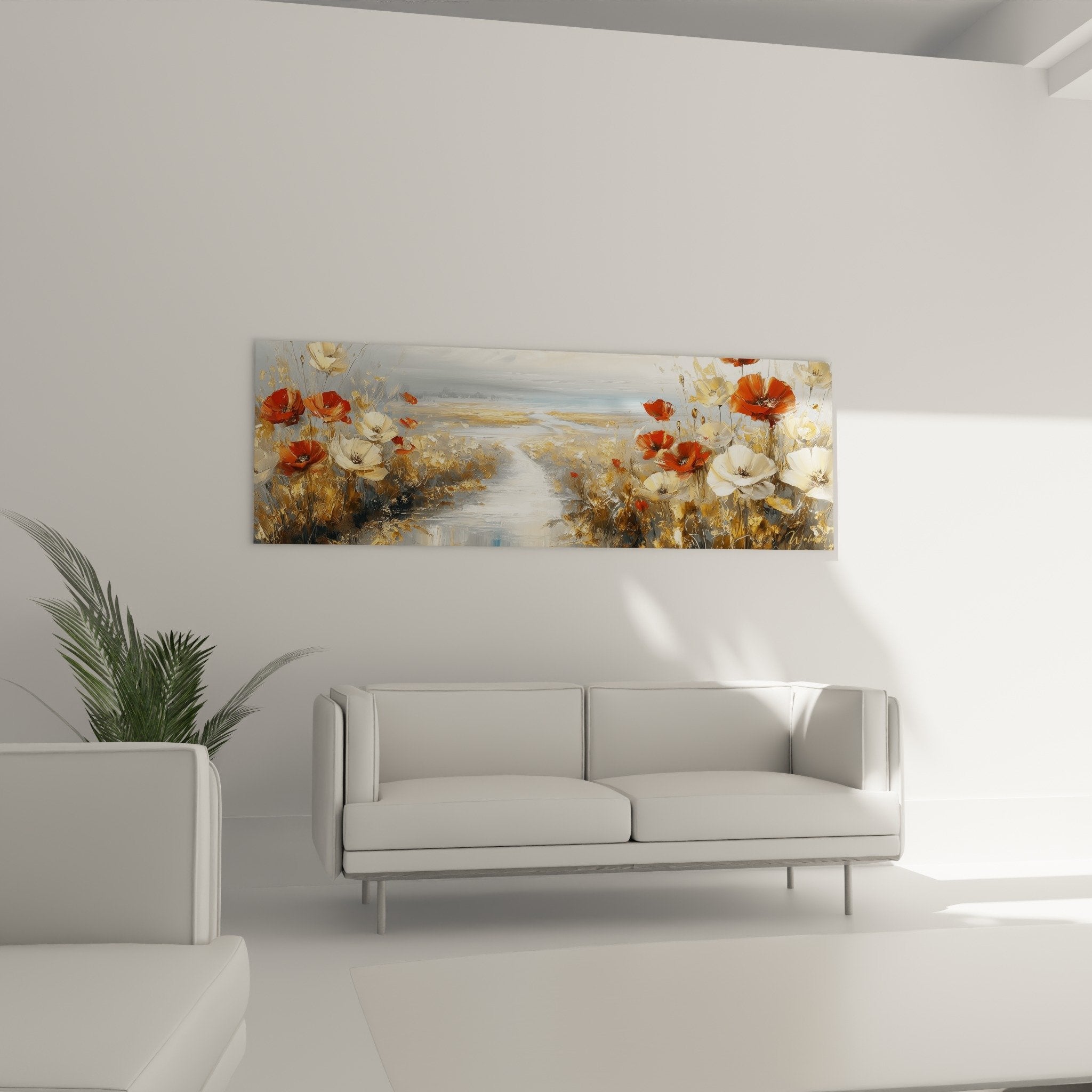 Détail rapproché des coquelicots orangés et fleurs crème aux pétales délicats du tableau sentier fleuri