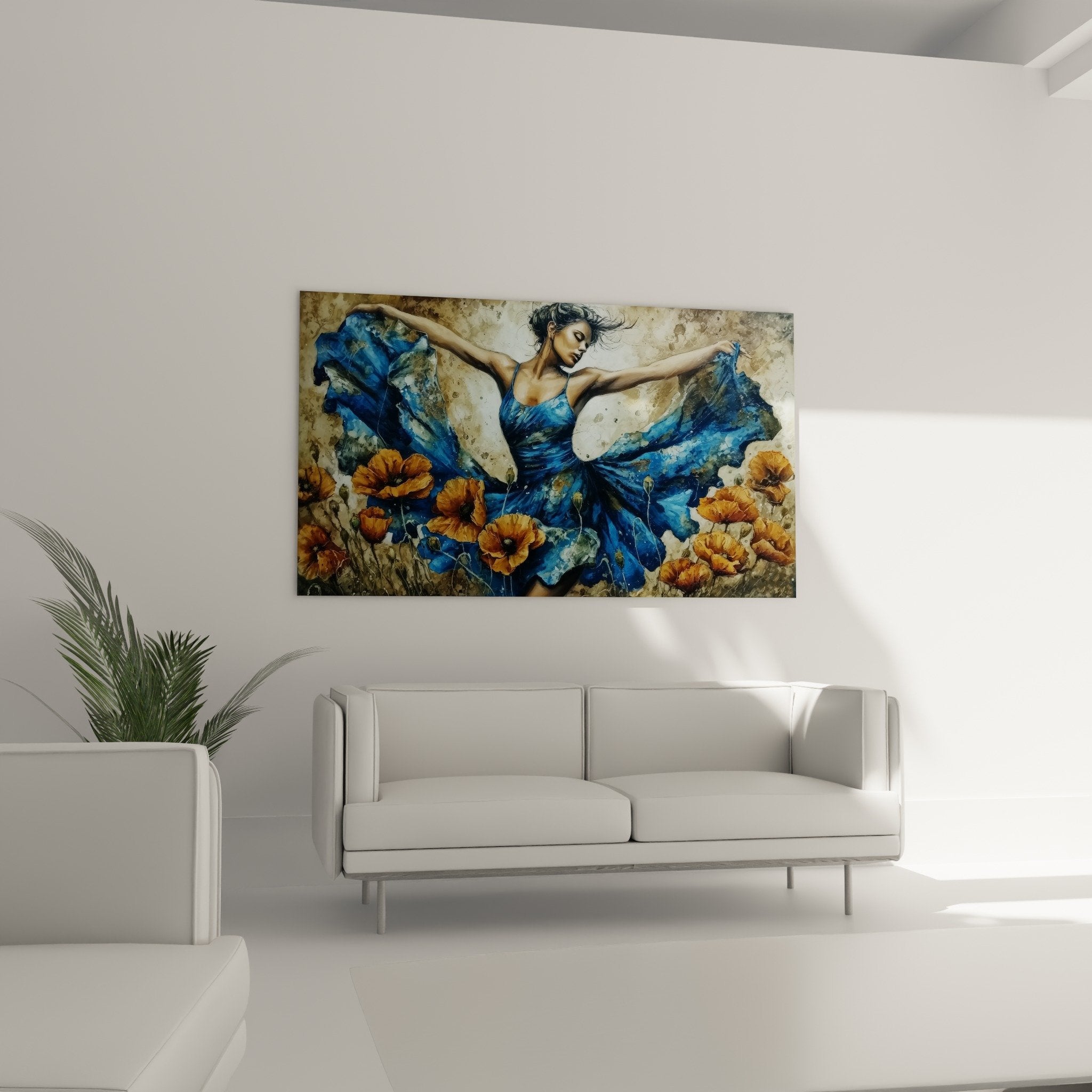 Gemäldedetail orangerote Mohnblumen strukturierte Patina blaue Tänzerin expressiver zeitgenössischer Blumenkunst
