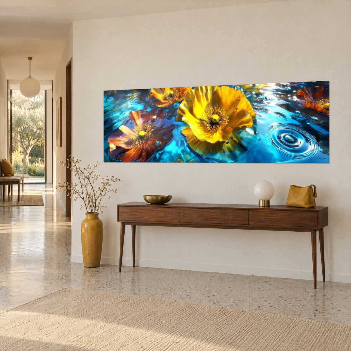 Tableau fleurs de pavot jaune soleil sur onde bleu cyan, anneaux de gouttes à droite, accroché au-dessus d'une console en bois dans l'entrée