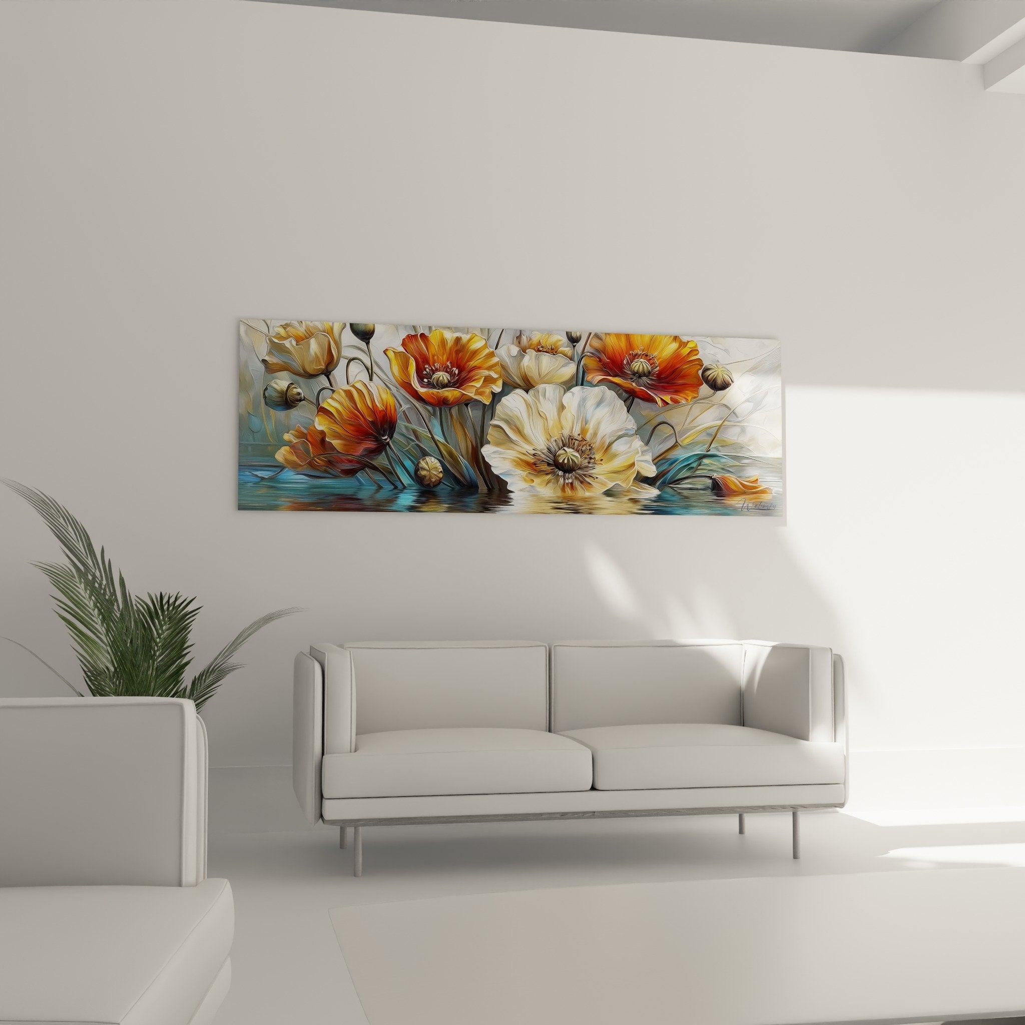 Détail tableau coquelicots pétales orange cuivré et blanc nacré, cœurs bordeaux, technique picturale moderne