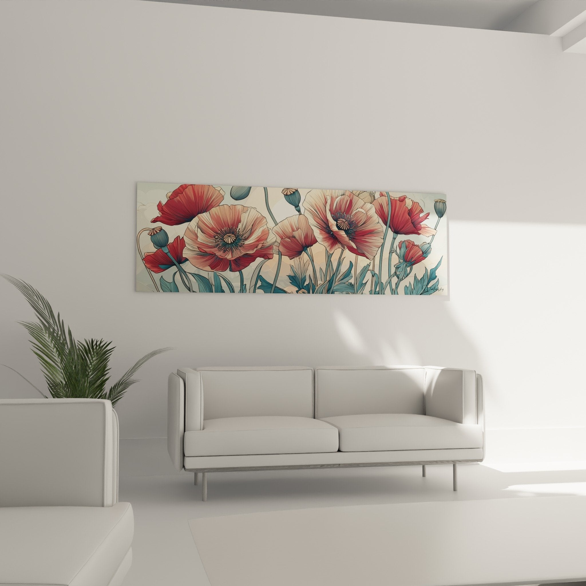 Détail des coquelicots aux pétales translucides rouge corail avec cœurs sombres et tiges bleu-vert