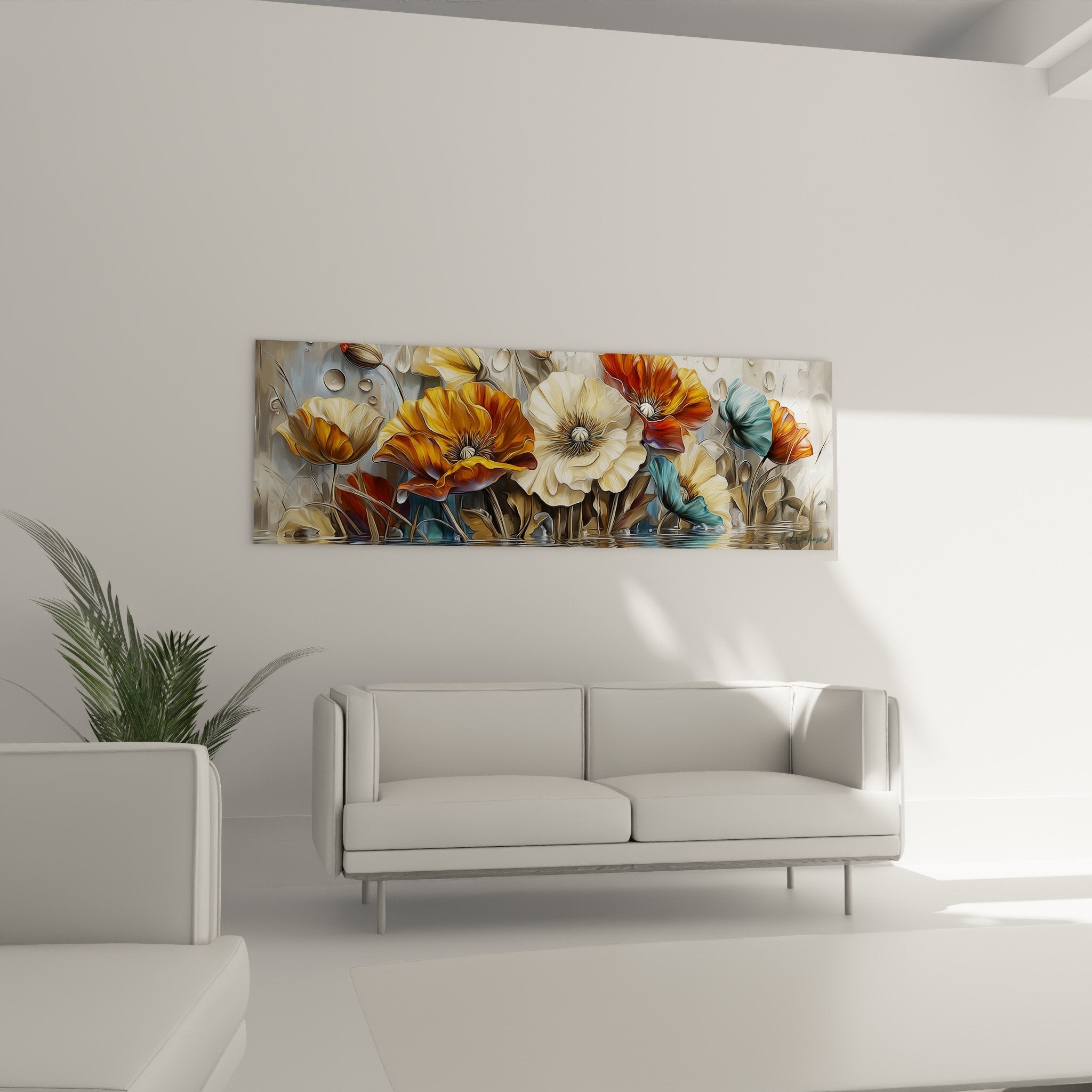 Détail coquelicots métallisés dorés turquoise montrant textures relief et reflets lumineux précieux