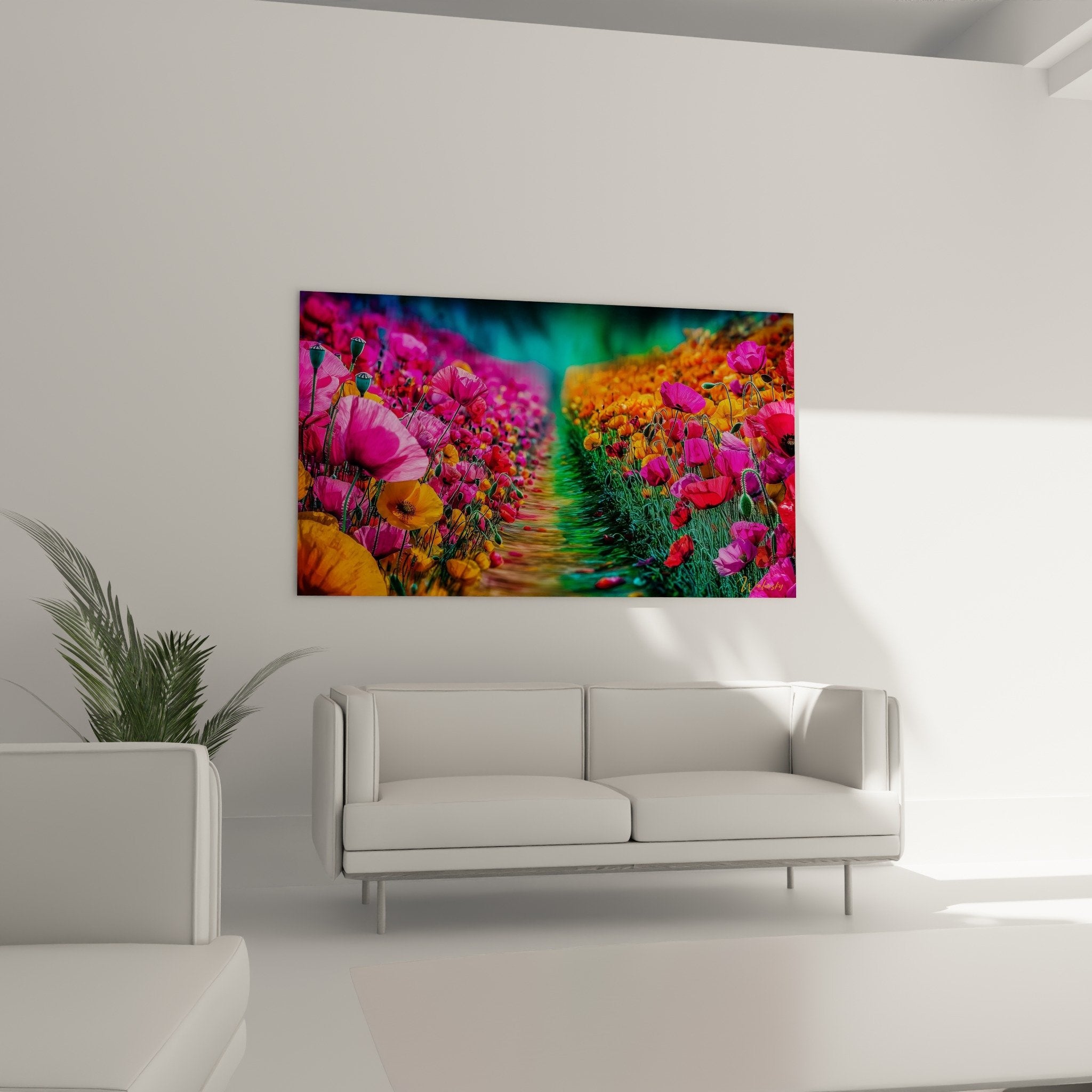 dettaglio papaveri rosa magenta arancioni fiammeggianti petali setosi steli verdi composizione floreale