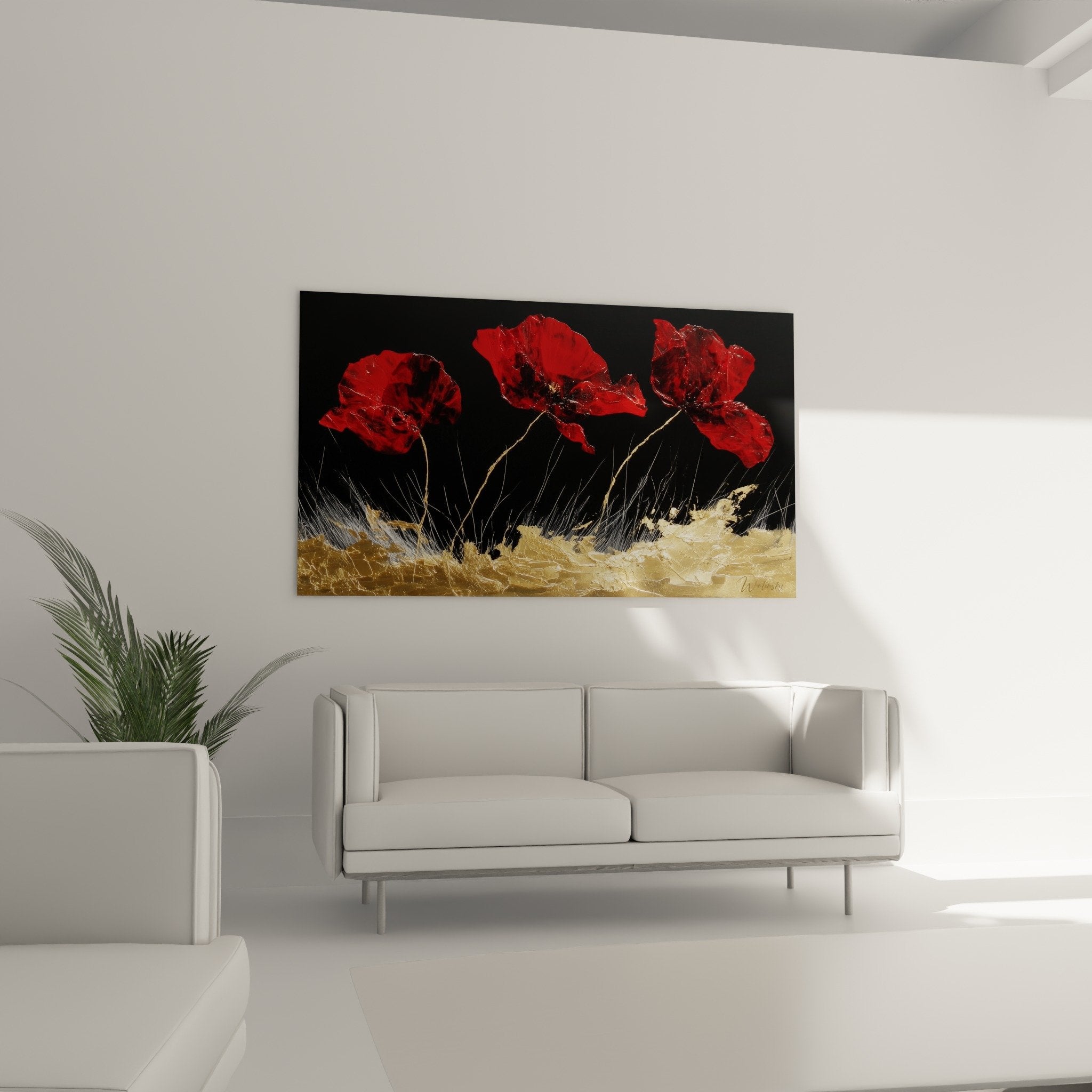 Detail red vermillion poppies thick brushstrokes texture contemporary artistic floral painting