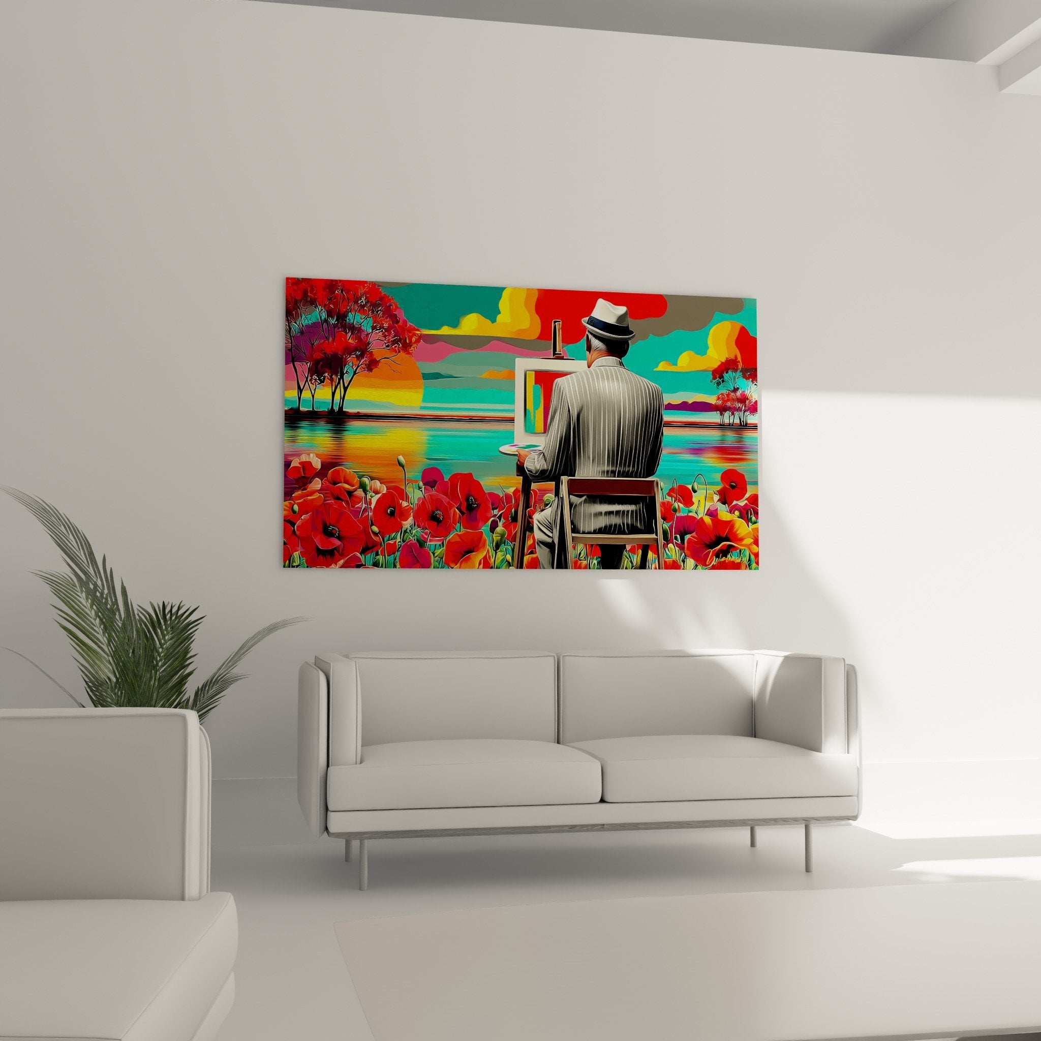 Detail poppy painting scarlet foreground painter striped costume easel lake multicolored reflections