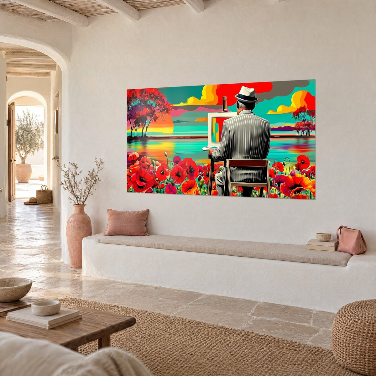 Quadro artista in abito gessato grigio di fronte a un lago turchese, cielo giallo e rosso, panca bianca di una casa mediterranea