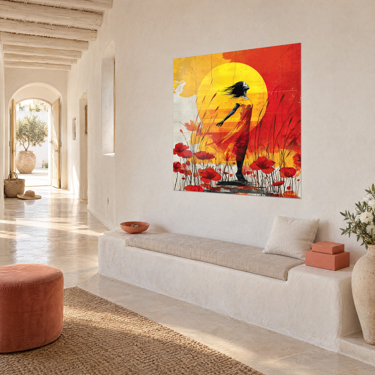 Quadro danzatrice con i capelli al vento davanti al disco solare giallo e al cielo rosso vivo, muro bianco di una casa mediterranea