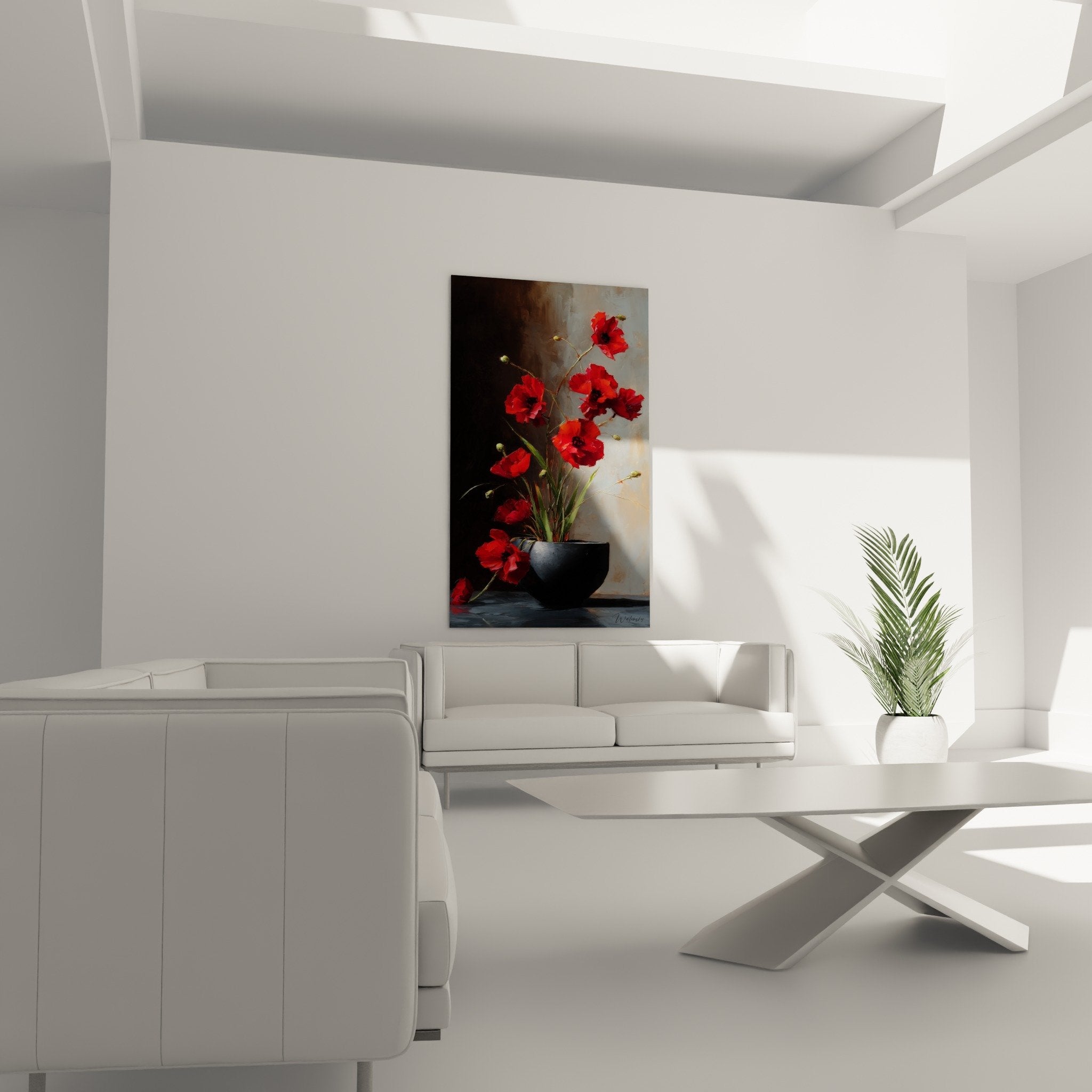 Detail red vermillion poppies crumpled petals black ceramic vase floral composition