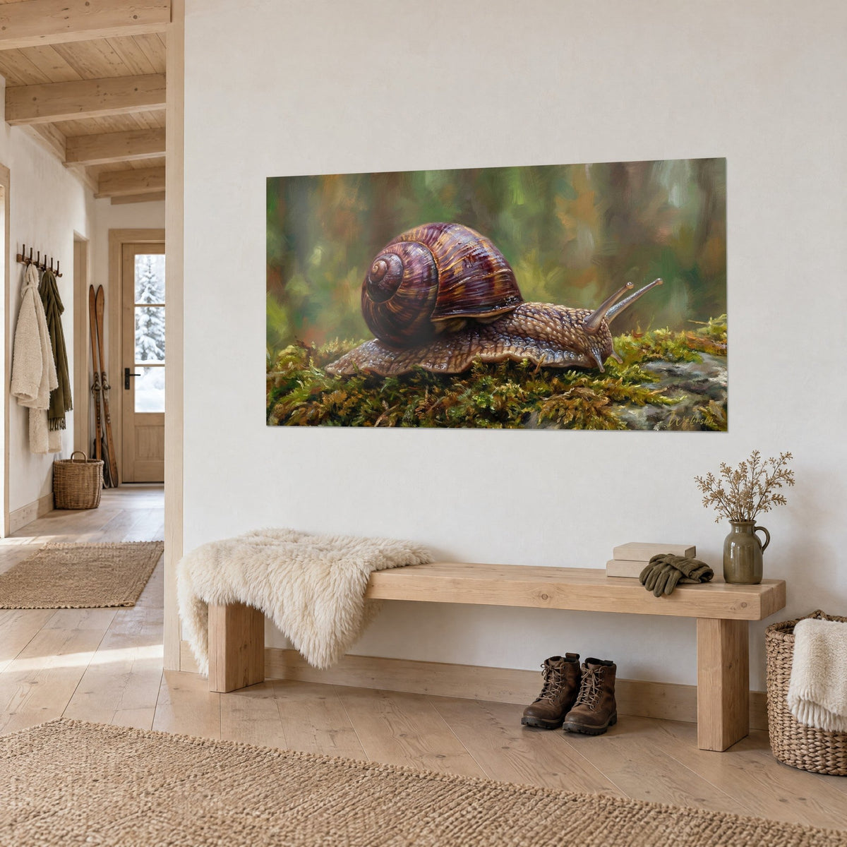 Wall art wine-red shelled gastropod on an emerald moss rug, blurred ochre background, hung near a light wood bench in the chalet