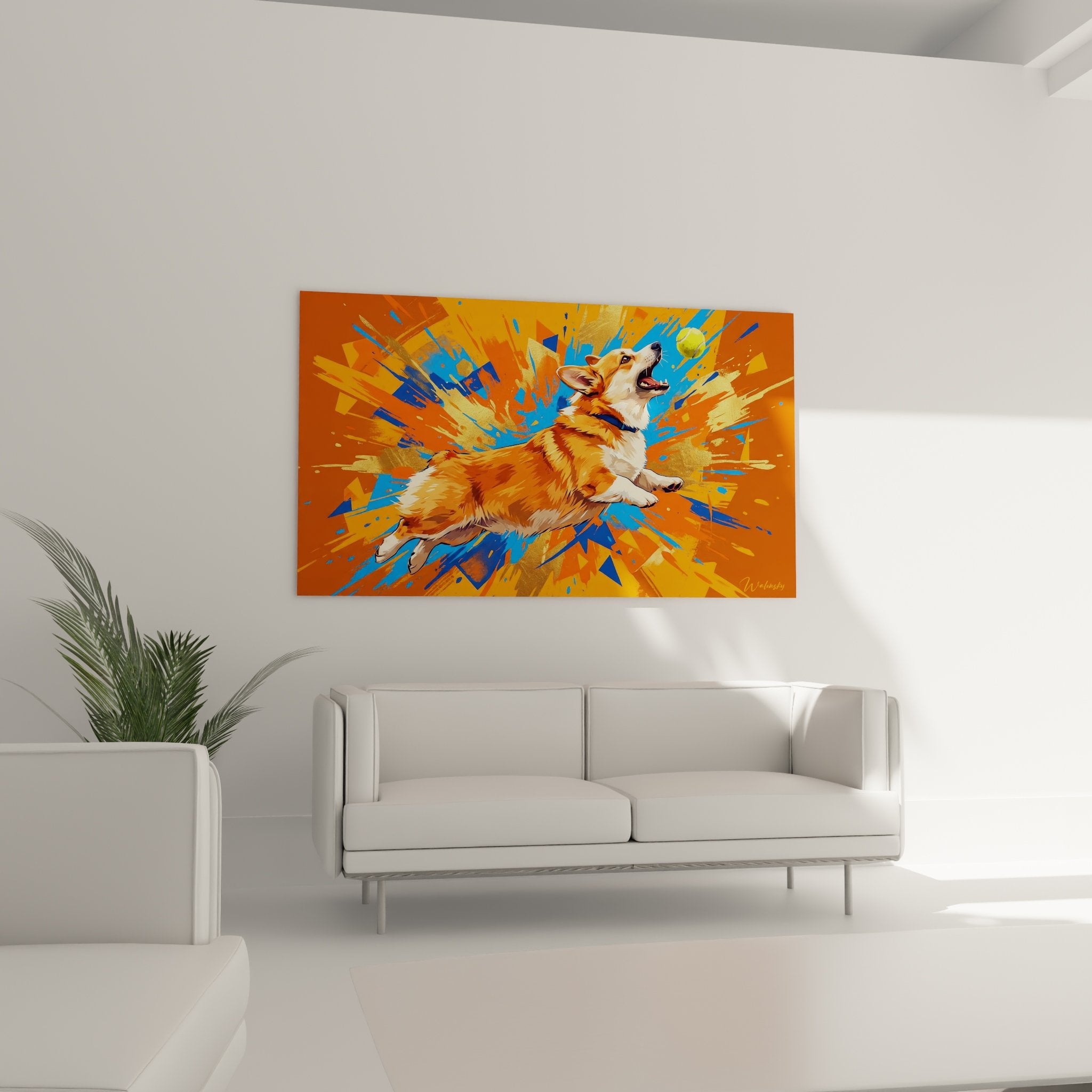Dettaglio ravvicinato Corgi Pembroke legame artistico riflessi dorati texture schizzi arancione blu