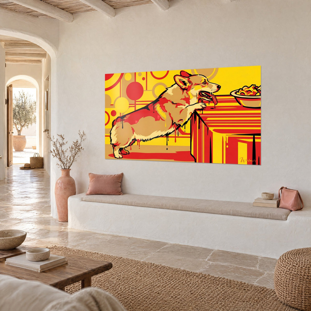 Cuadro perro pembroke en pop art rojo y ocre, cuenco de pienso sobre la mesa, pared blanca de una casa mediterránea