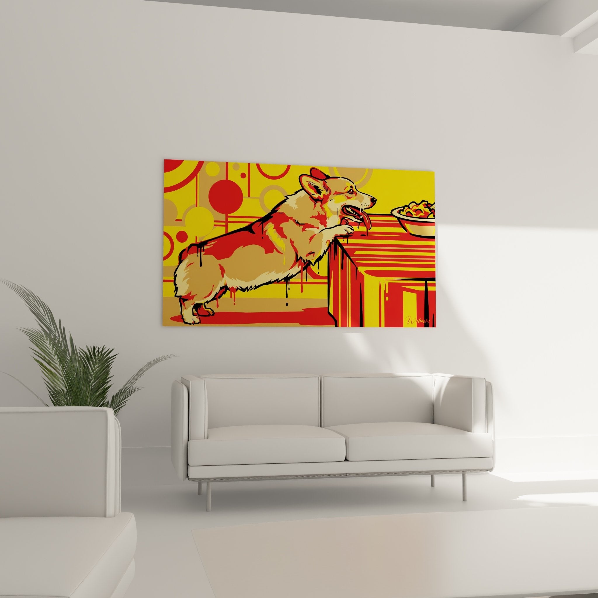 Détail rapproché du tableau montrant le Corgi Pembroke aux couleurs vives et contours noirs graphiques