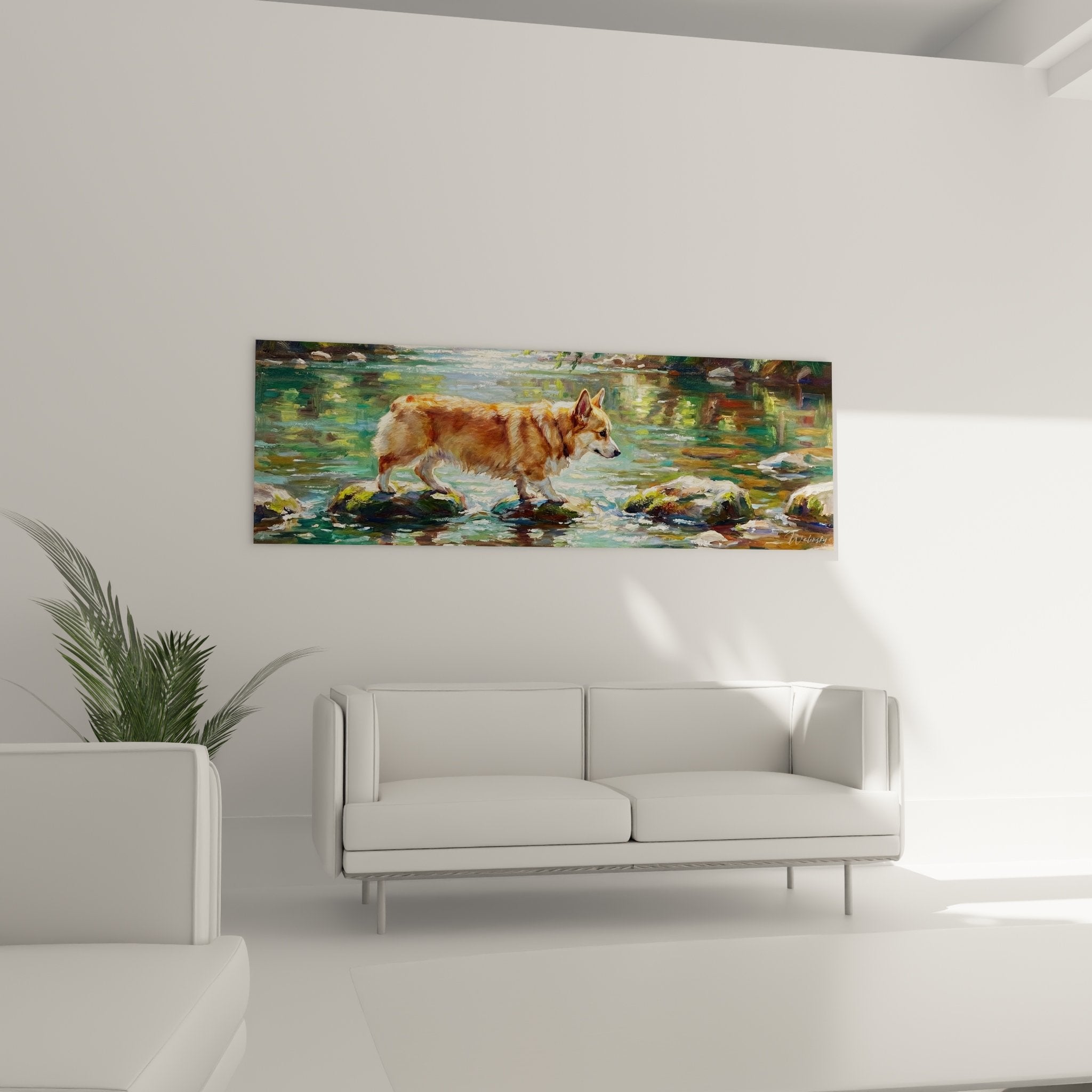 Detailansicht Gemälde Corgi Pembroke in kristallklarem Wasser, Maltechnik mit goldenen Reflexen