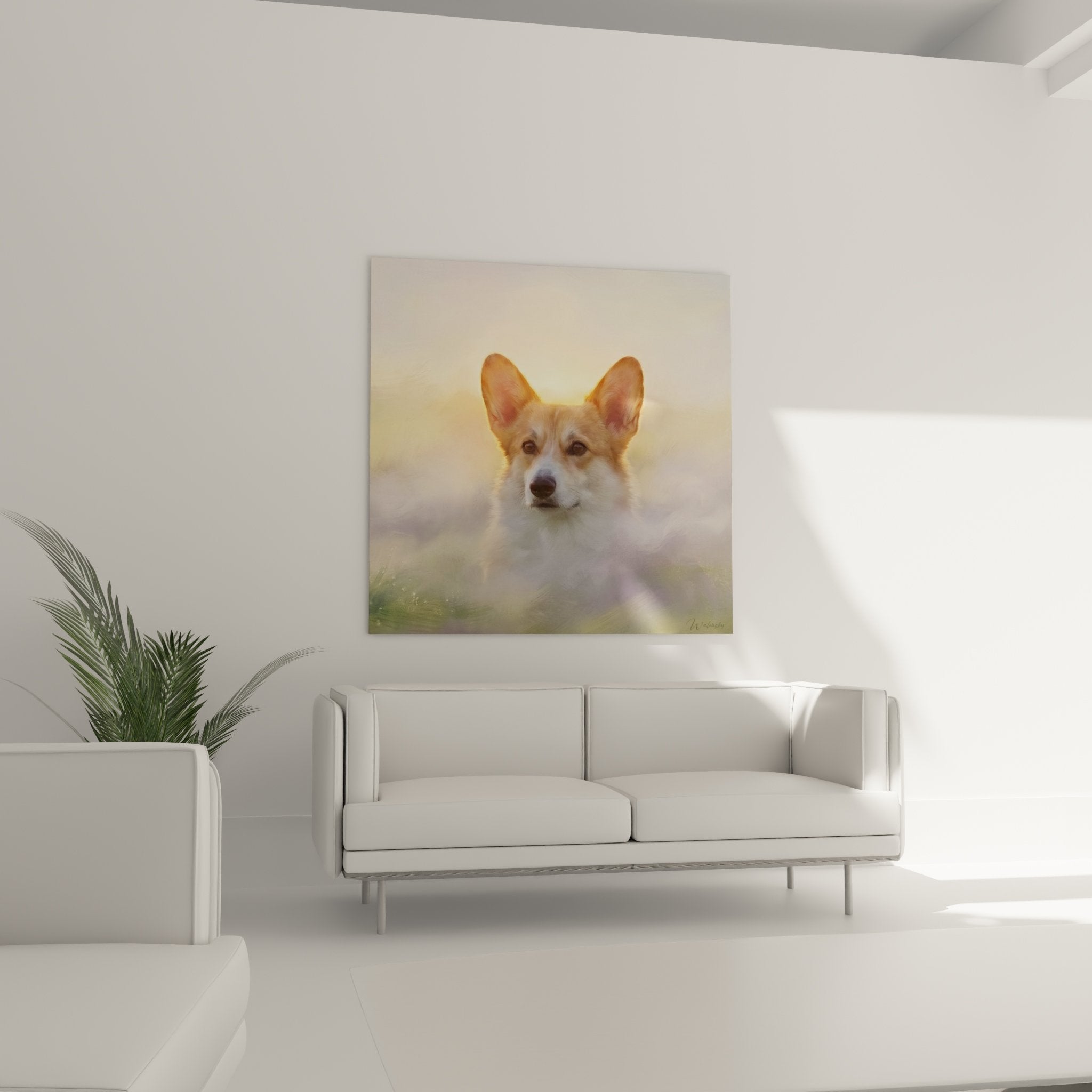 Detailporträt Corgi Pembroke goldenes Licht aufgerichtete Ohren zartes Gesichtsausdruck Realismus