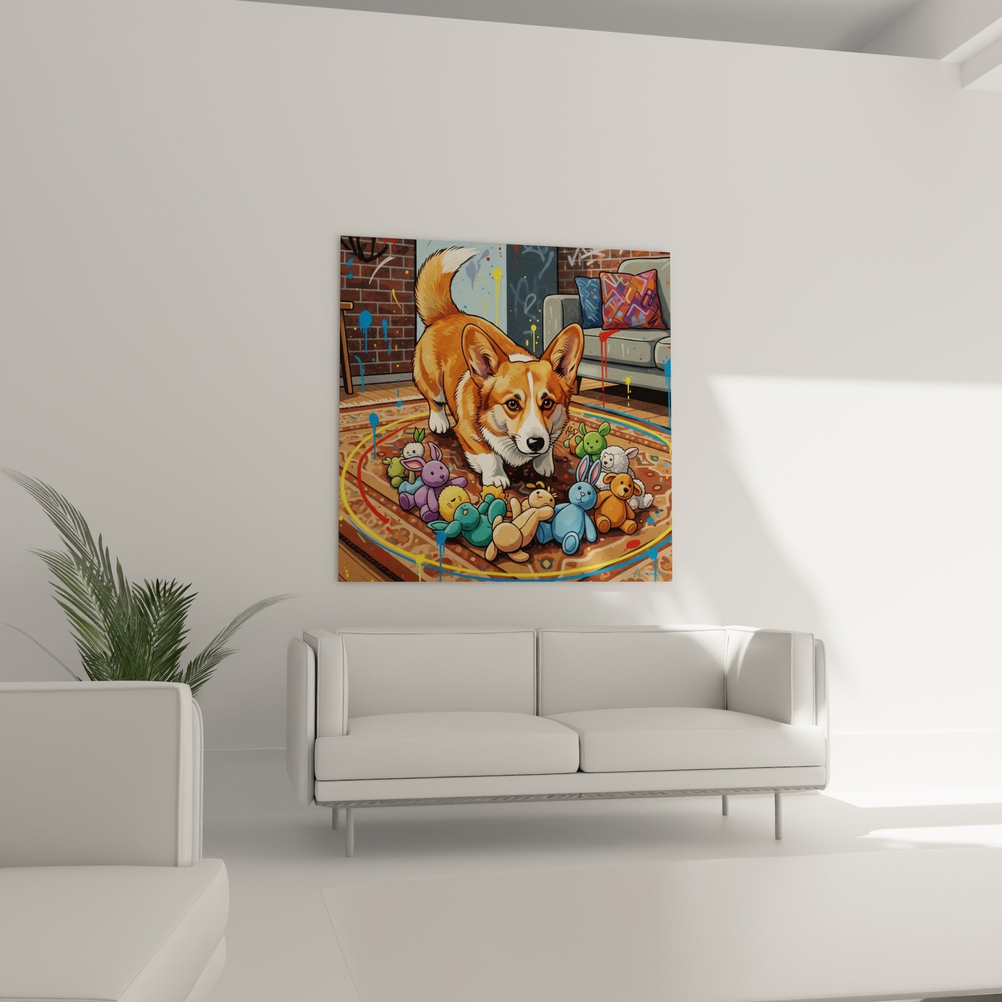 Detail Corgi Pembroke Gemälde - detailliertes rötliches Fell und künstlerische mehrfarbige Plüschtiere