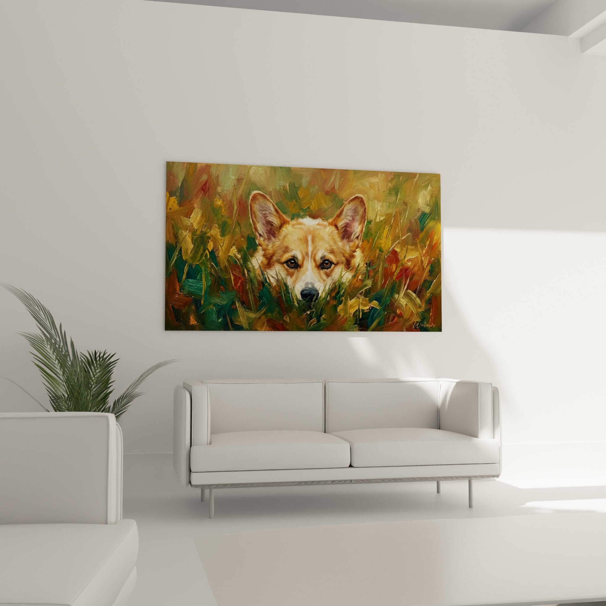 Detailbild Corgi Pembroke Gemälde mit ausdrucksstarken Augen, goldenem Fell, sichtbarer Pinseltechnik Kunstwerk