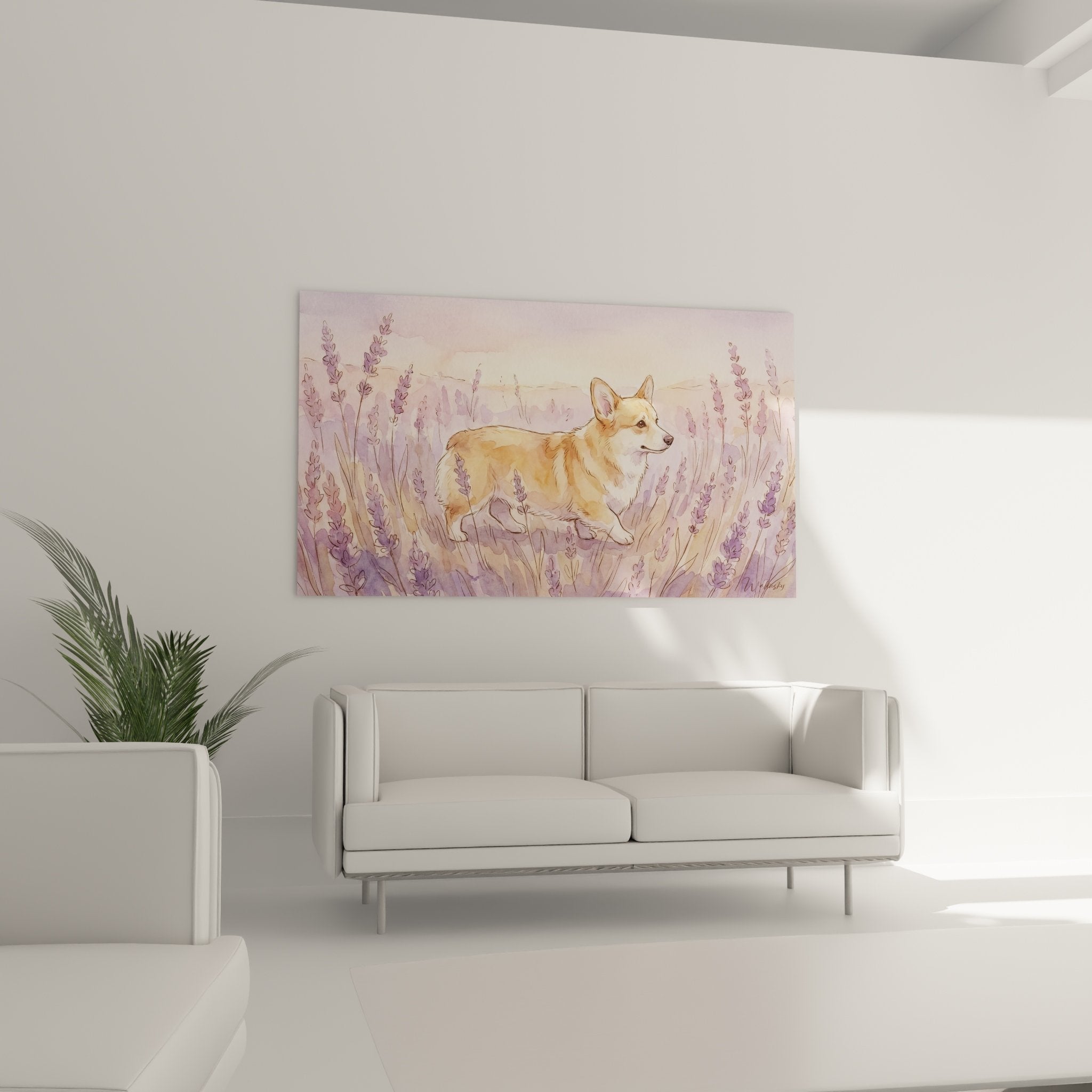 Aquarelldetail Corgi in Rehbraun mit goldenem Fell und violetten Lavendelkontrasten, künstlerische Technik