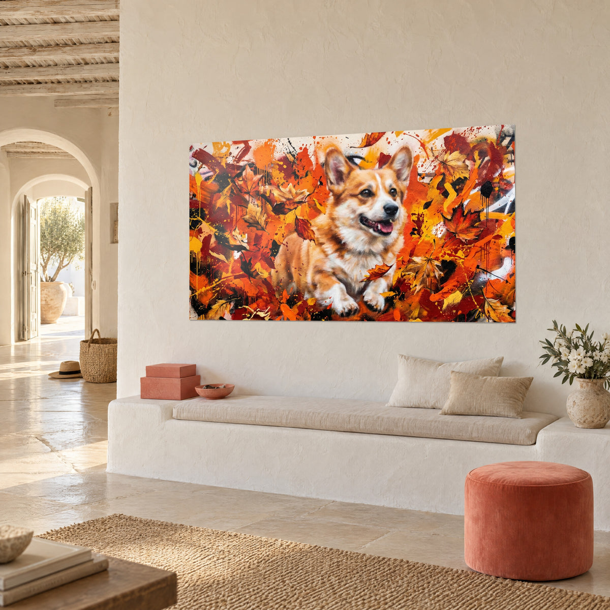 Tableau chien pembroke fauve et blanc, langue rose, feuilles d'érable rouges et coulures jaunes, en vue de trois-quarts sur mur crème