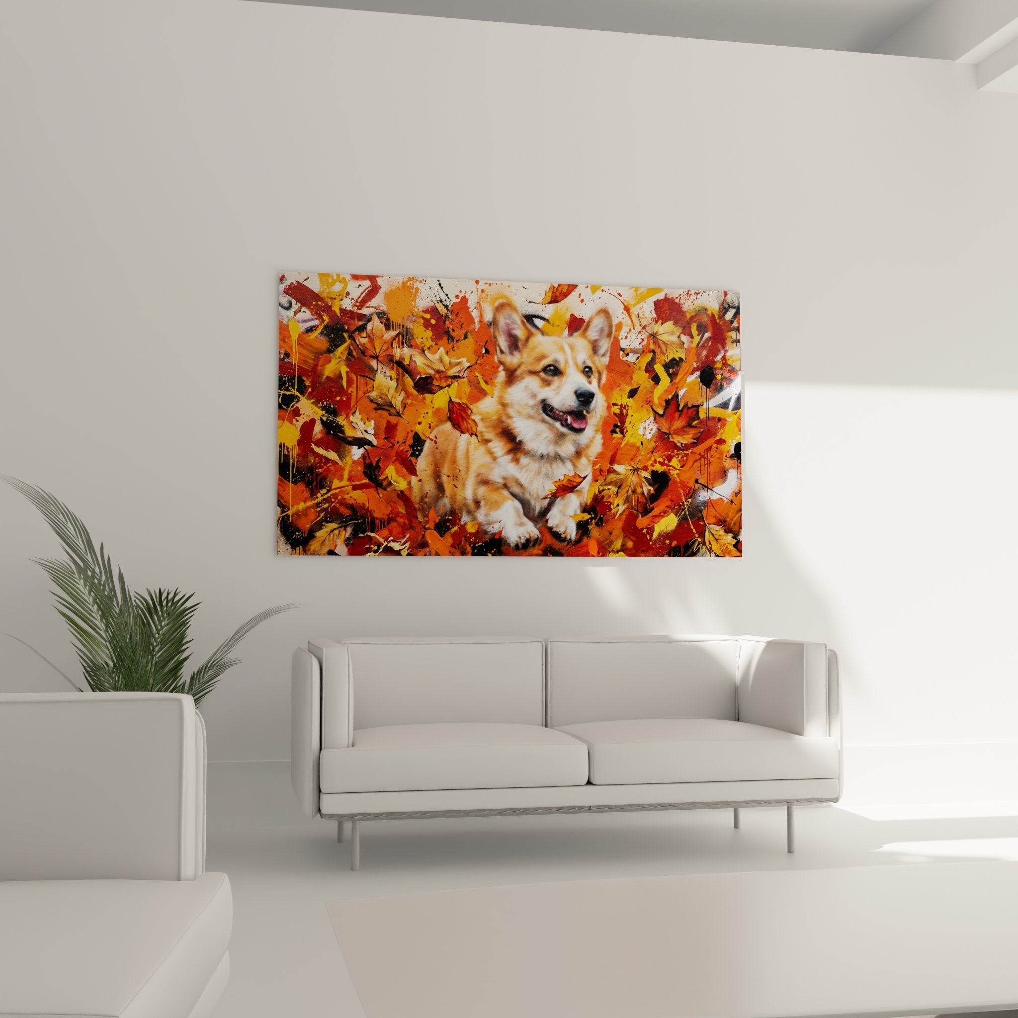 Detailaufnahme Corgi-Gemälde rotes Fell ausdrucksstarke Augen Spritzertechnik Farbläufe künstlerische zeitgenössische Stilelemente