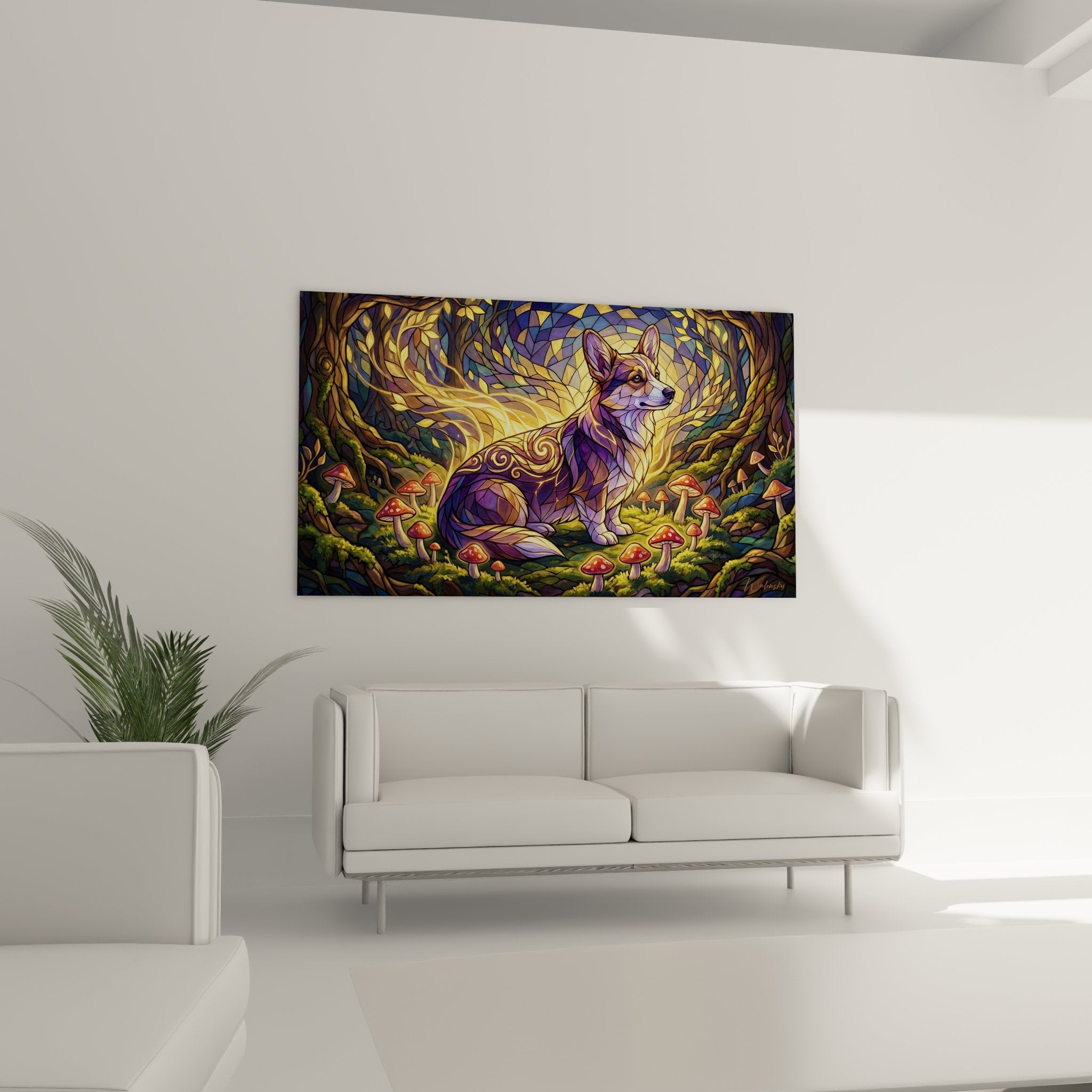 Nahaufnahme Corgi Pembroke im Buntglasstil mit violetten und purpurnen Farben goldenen Spiralmustern