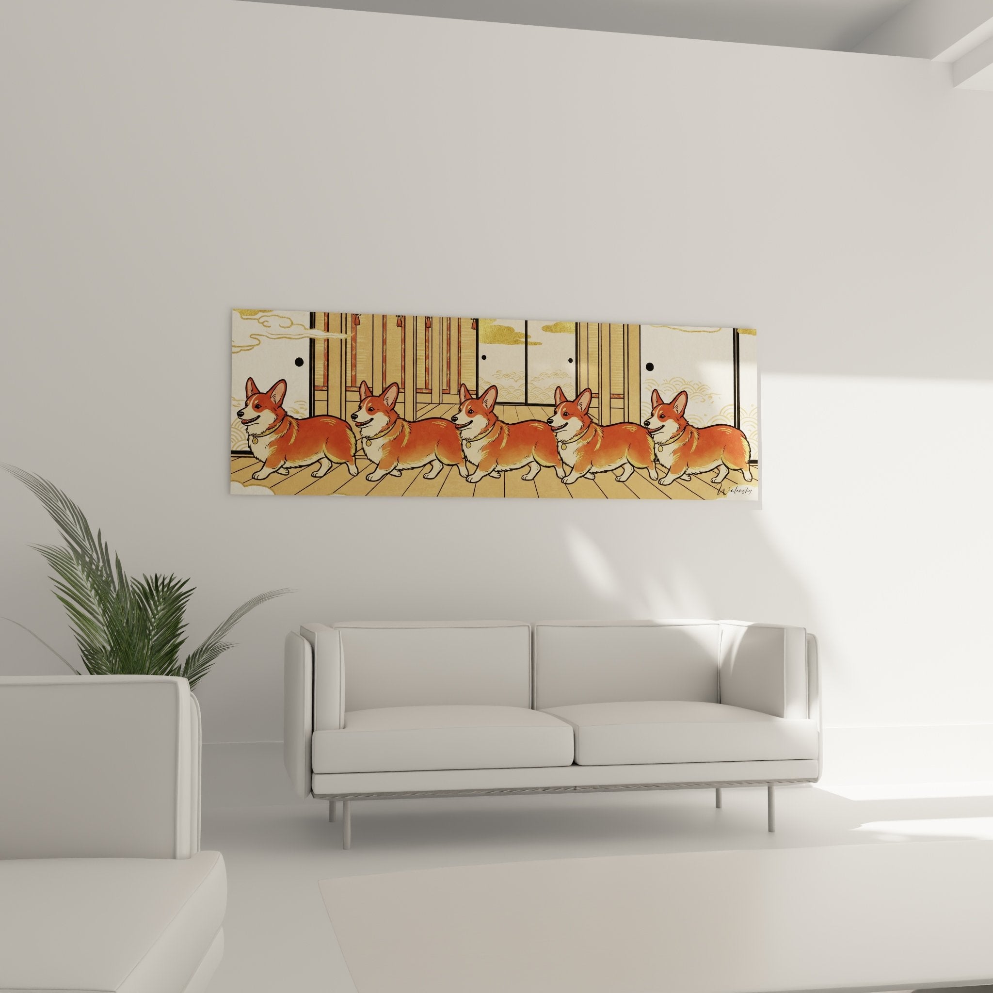 Détail rapproché des Corgis roux en file indienne sur planches bois avec architecture japonaise dorée arrière-plan