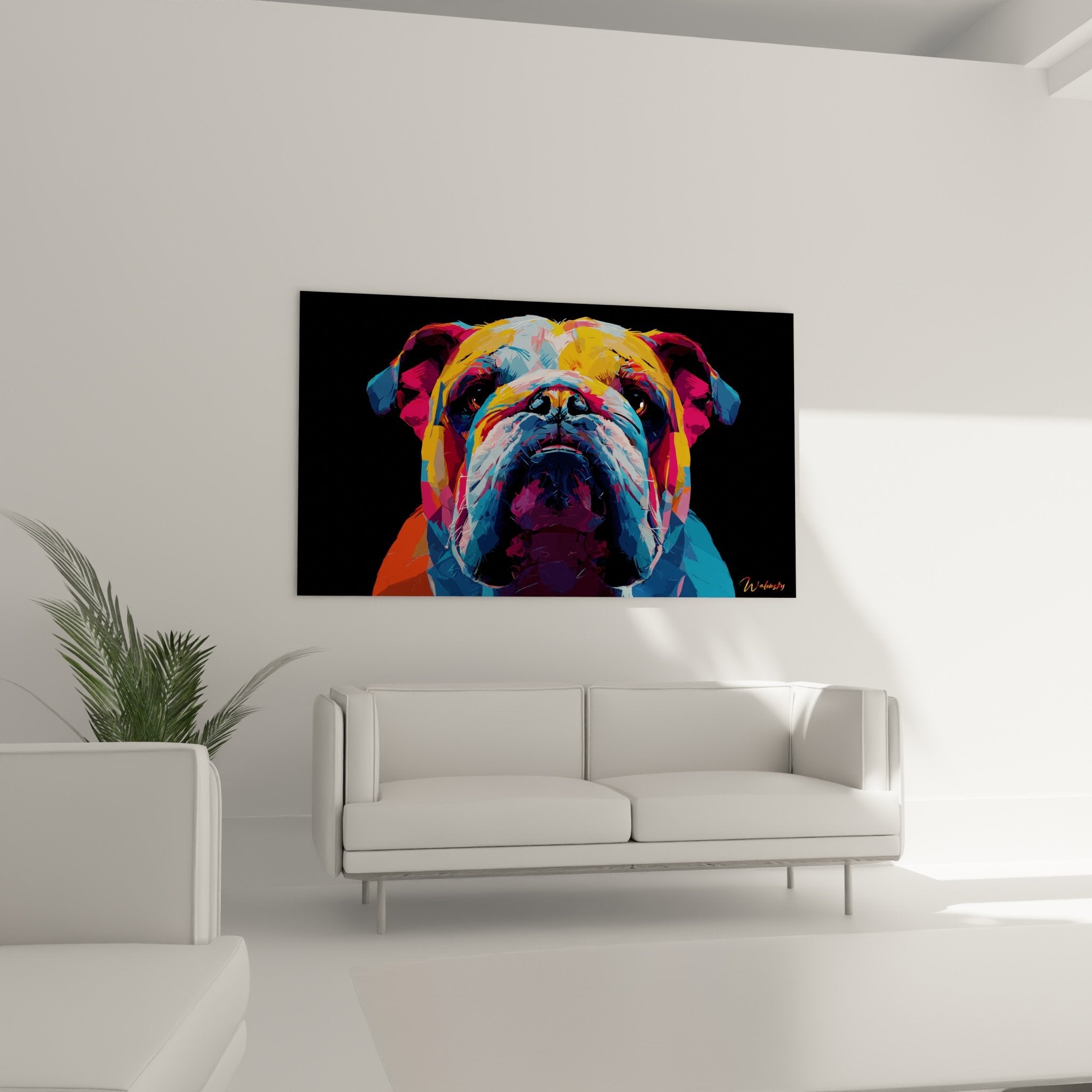 Détail des couleurs vives du portrait de bouledogue montrant les nuances orange et violettes