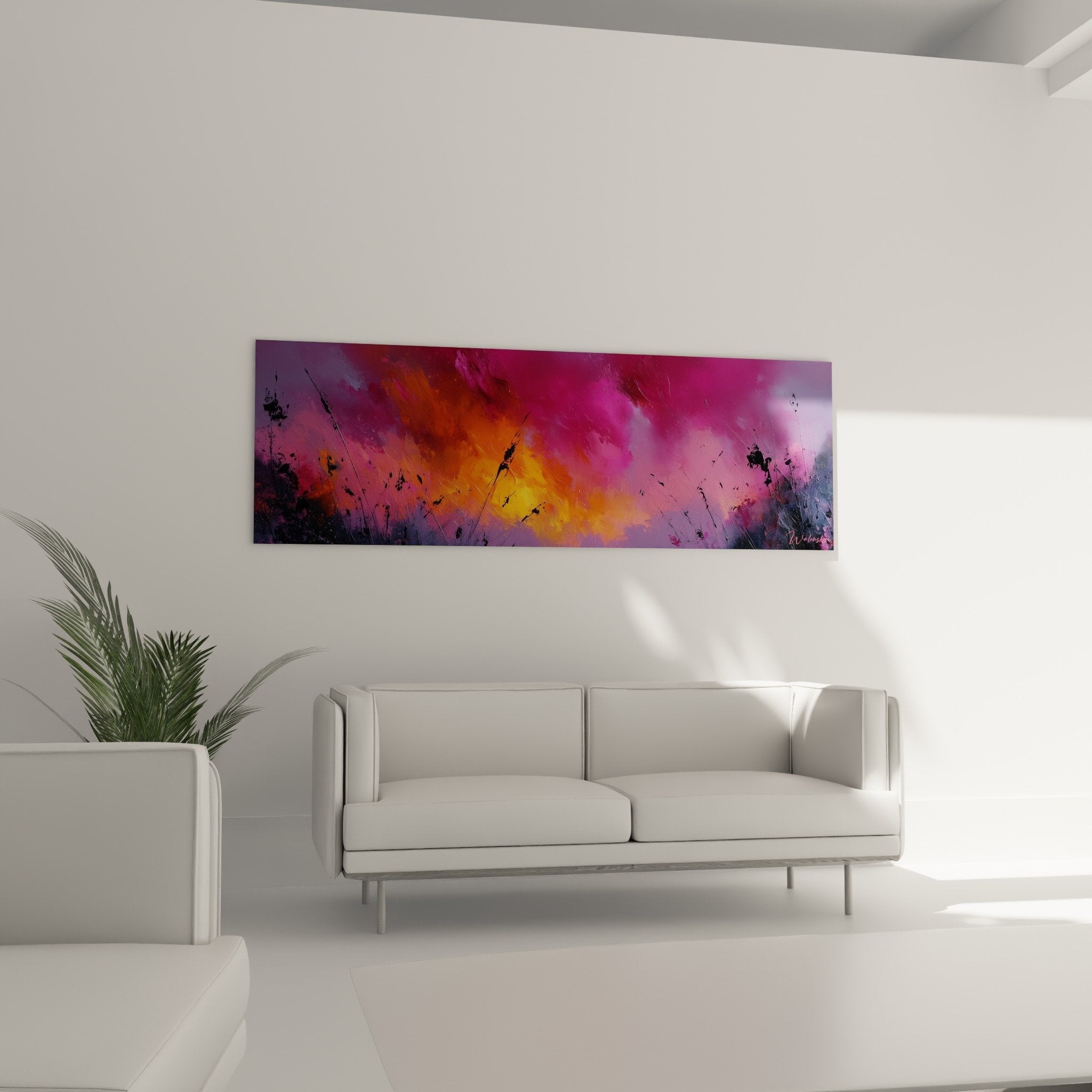 Detail tableau abstrait couleurs roses magenta oranges eclaboussures noires feng shui