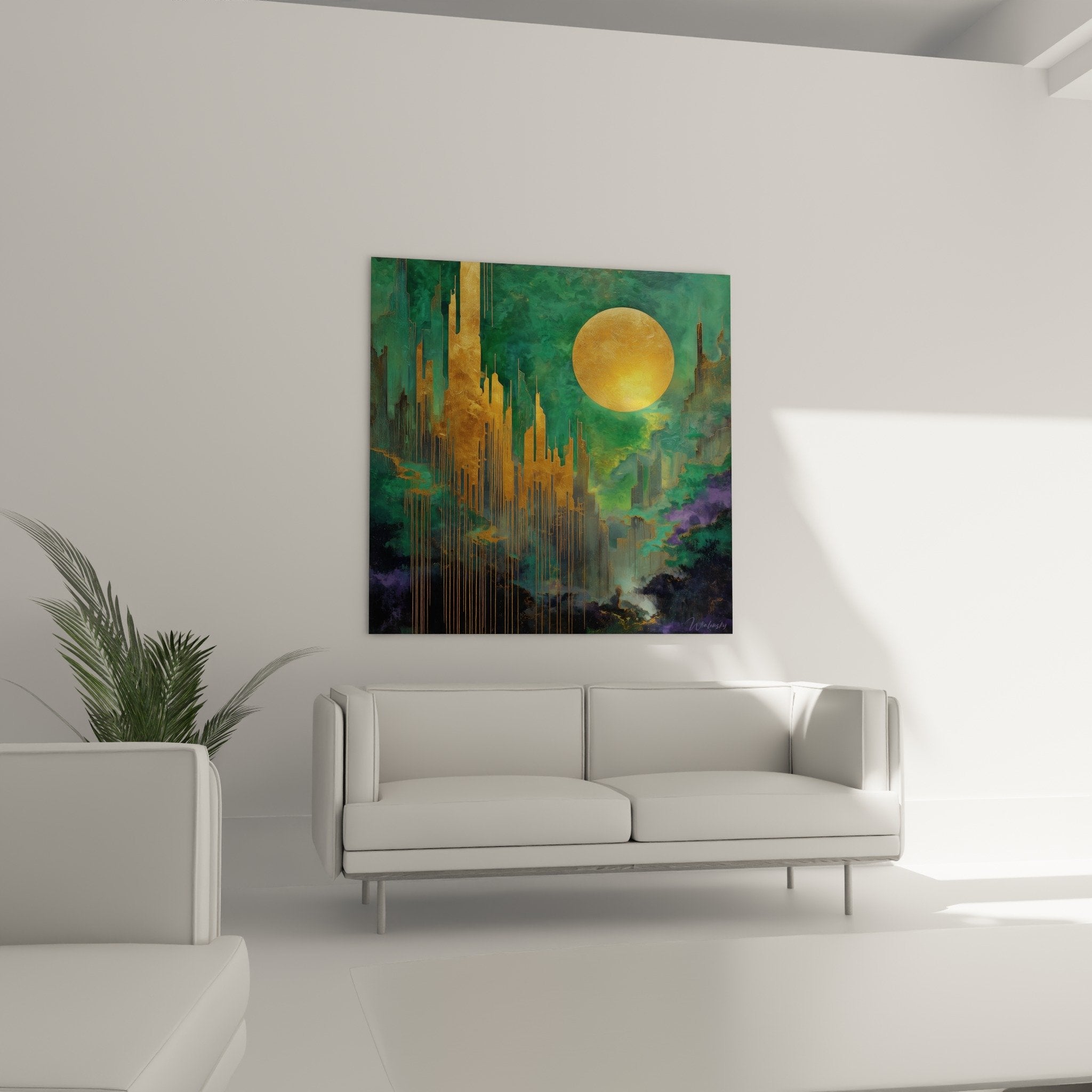 Detail tableau abstrait coulures dorees lune lumineuse texture peinture feng shui sud est bois