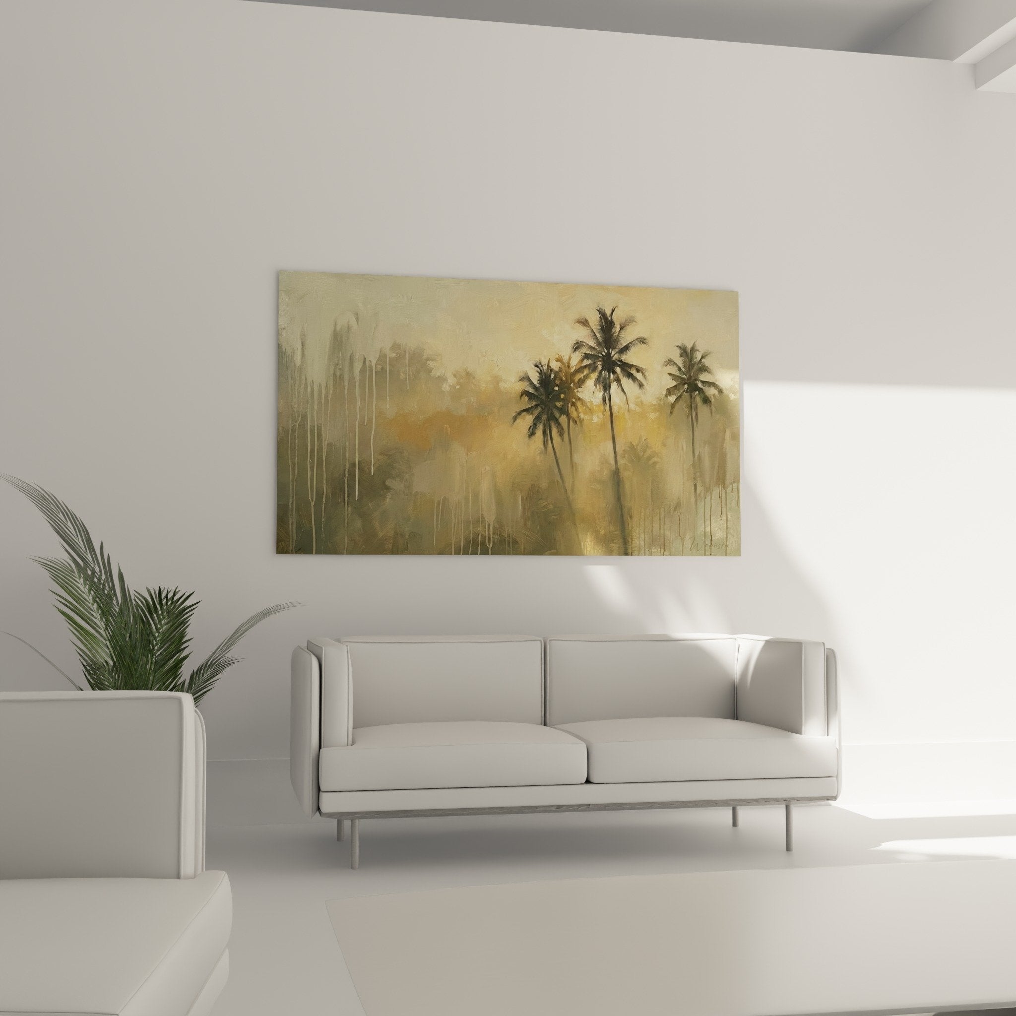 Detail peinture coulures dorees effet pluie tropicale palmiers silhouettes sombres bali art