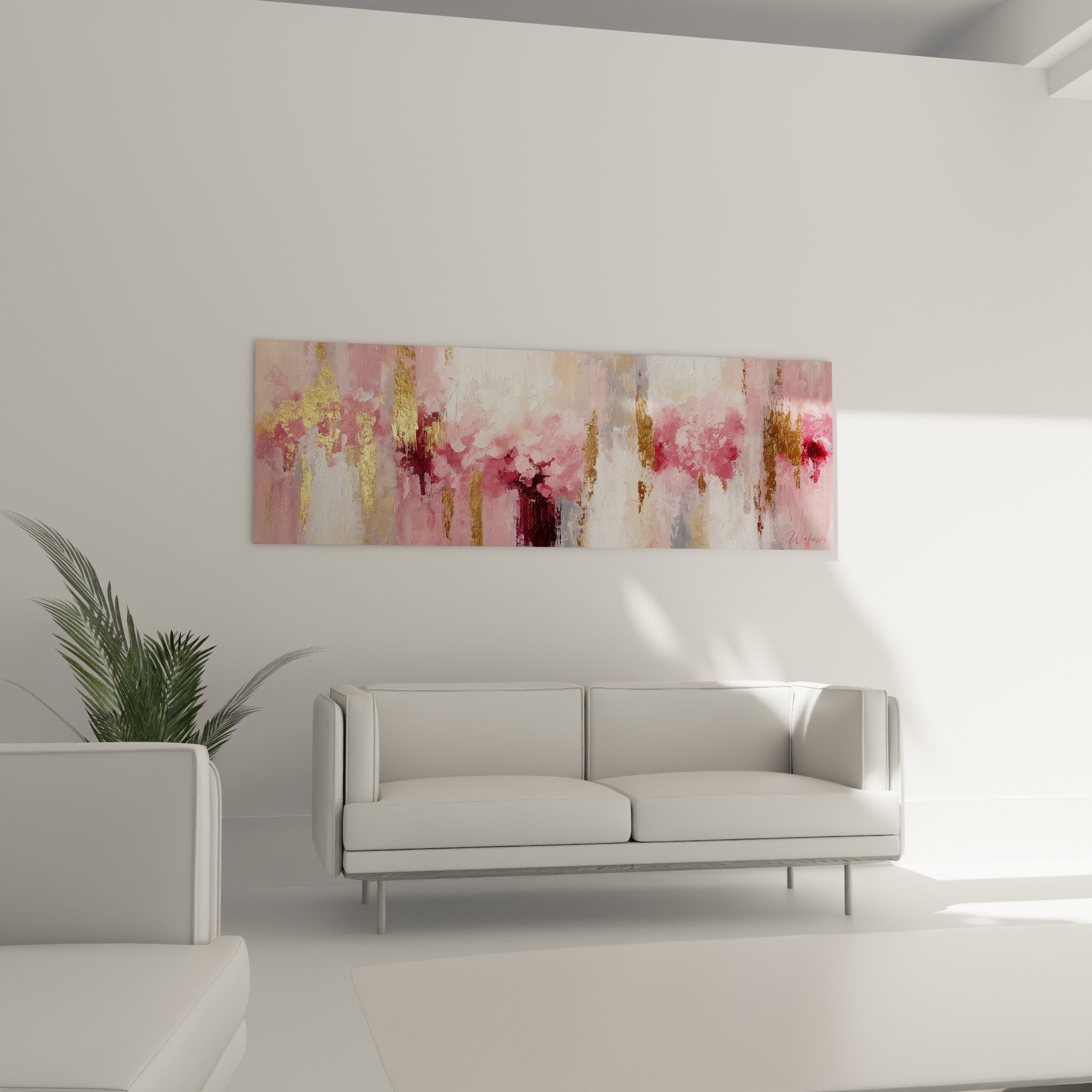 Détail tableau abstrait coulures dorées et roses poudrés, texture picturale vaporeuse