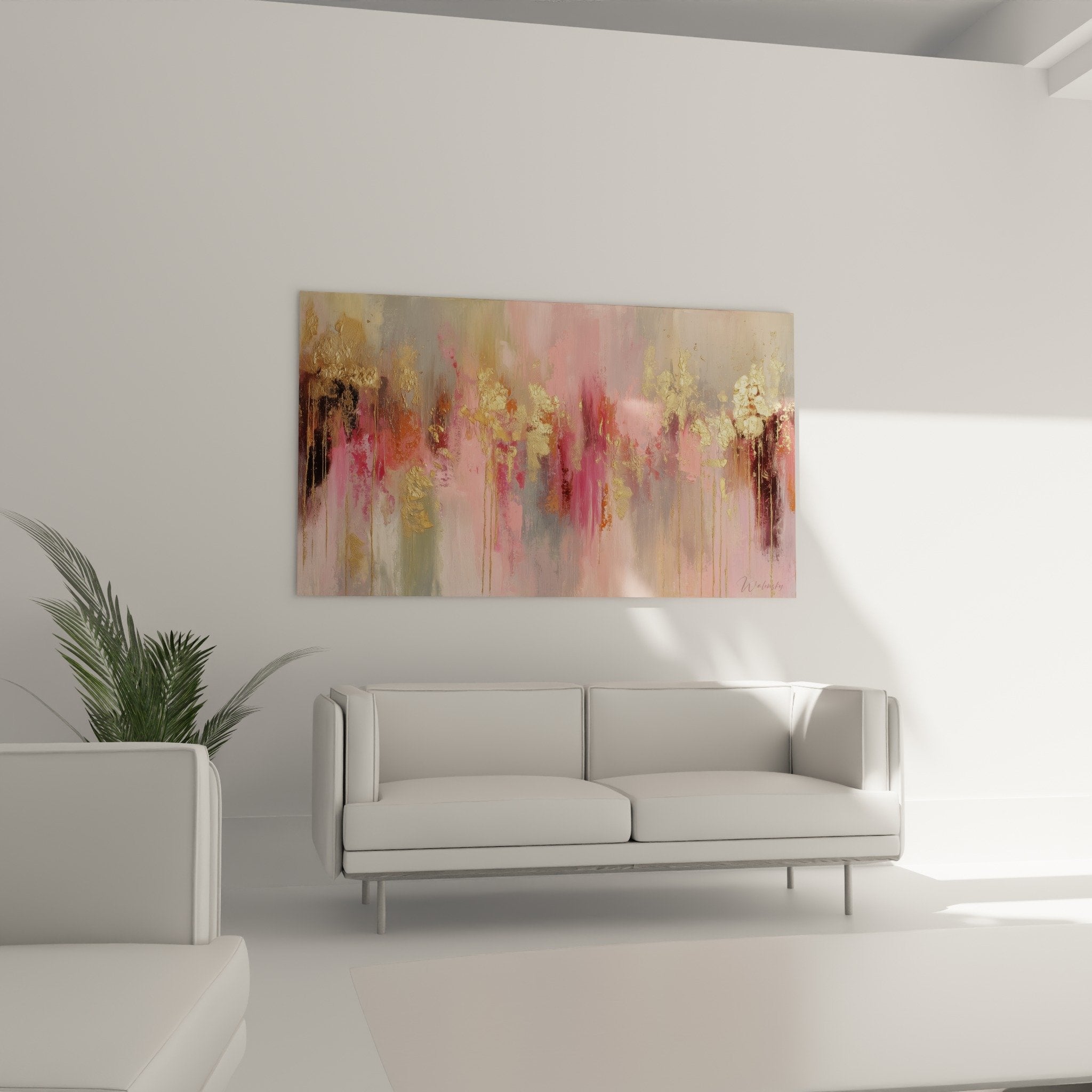 Detail coulures dorées et nuances roses poudrées tableau abstrait feng shui sud-ouest terre