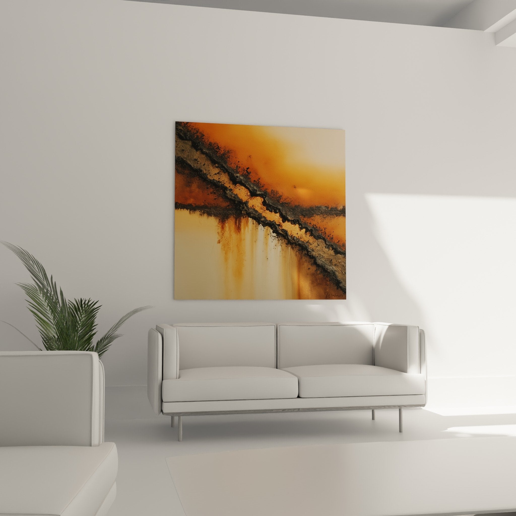 Detail coulures orange et noires tableau abstrait, texture materiaux feng shui centre terre