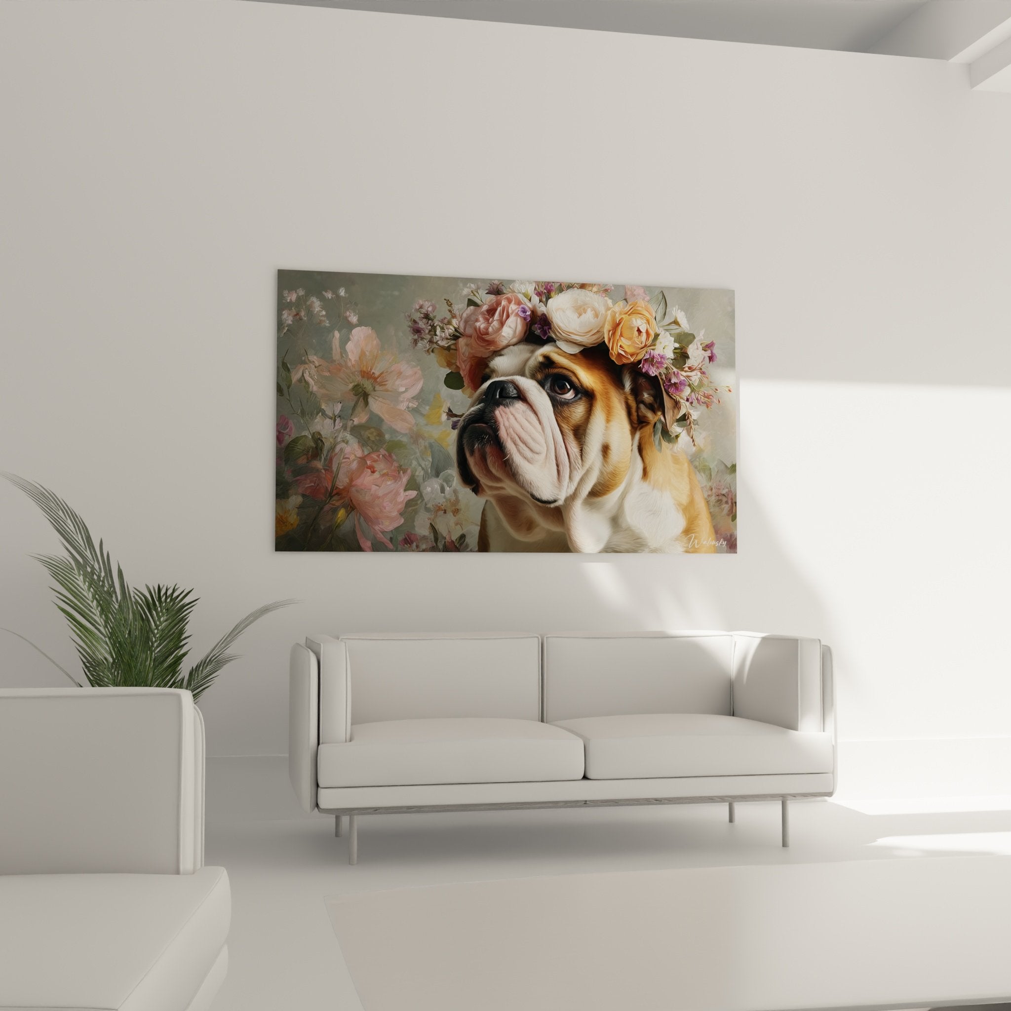 Detail couronne florale bouledogue anglais pivoines roses renoncules dorees violettes peinture realiste
