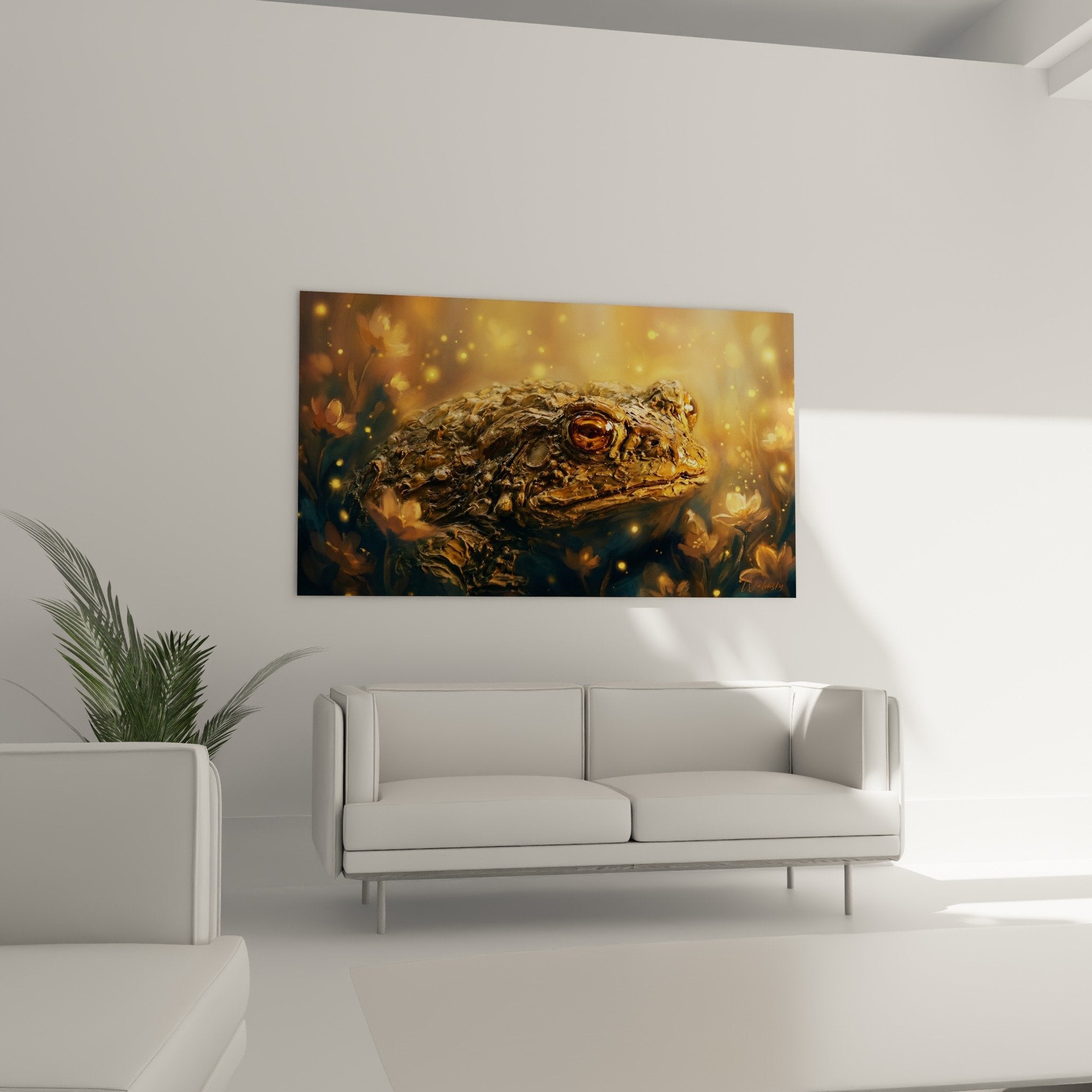 Detaillierte Nahaufnahme goldener Kröte mit strukturierter Haut, metallischen Reflexionen und durchdringendem bernsteinfarbenem Auge fantastische Kunst