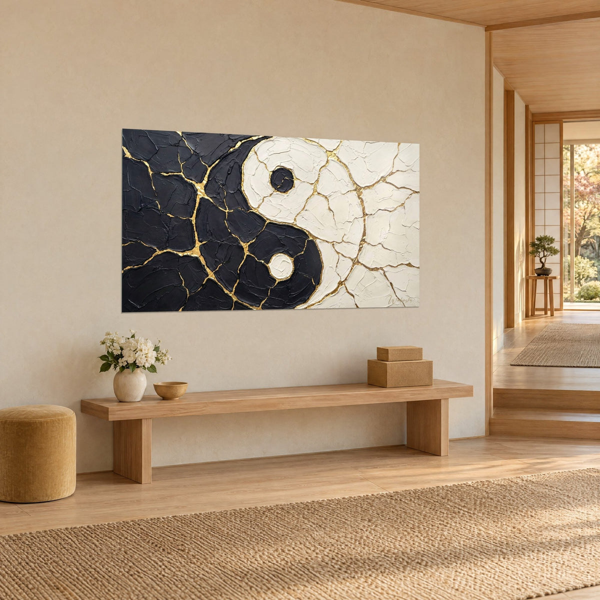 Schilderij van het yin- en yang-embleem in dik zwart en crème verfpasta, gouden aders, driekwartaanzicht, houten bank in de hal