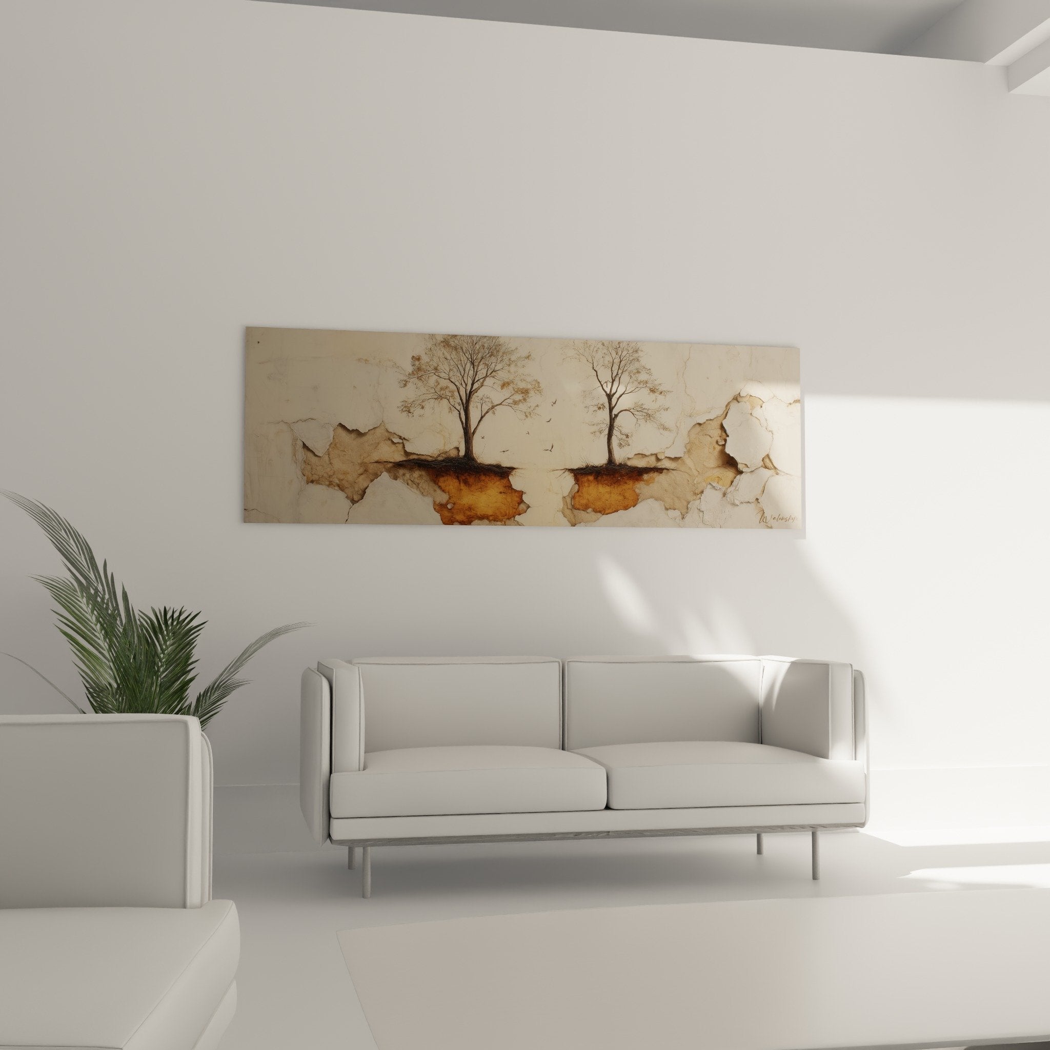Close-up of cracks on beige wall revealing roots in amber tones contemplative art