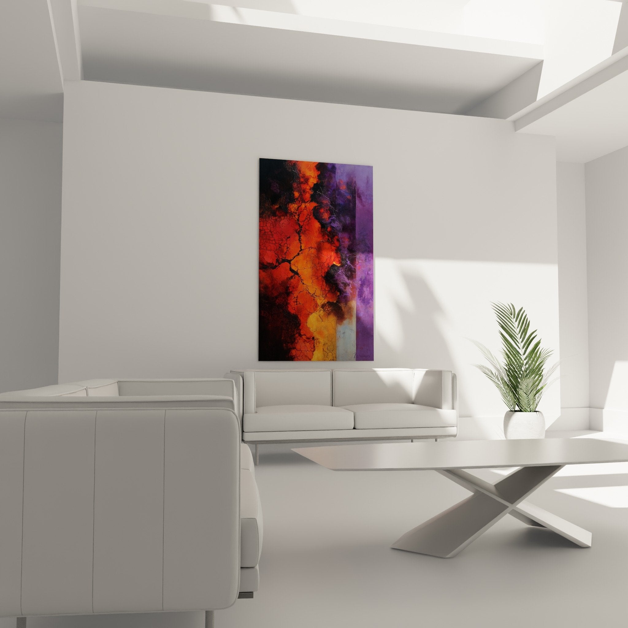 Detail craquelures texture tableau abstrait orange violet matiere relief feng shui sud feu