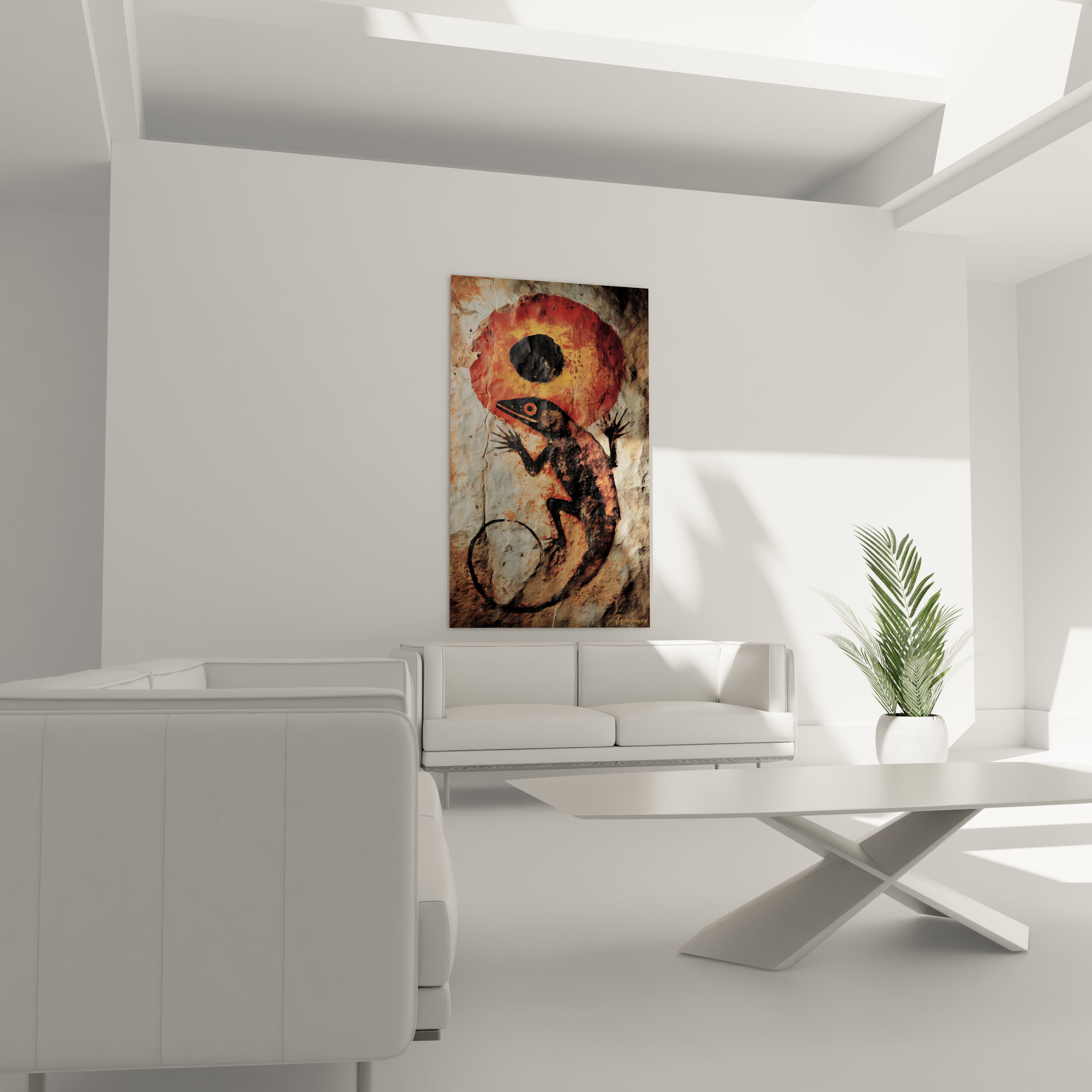 Détail gros plan créature shamanique préhistorique œil rouge peinture rupestre authentique